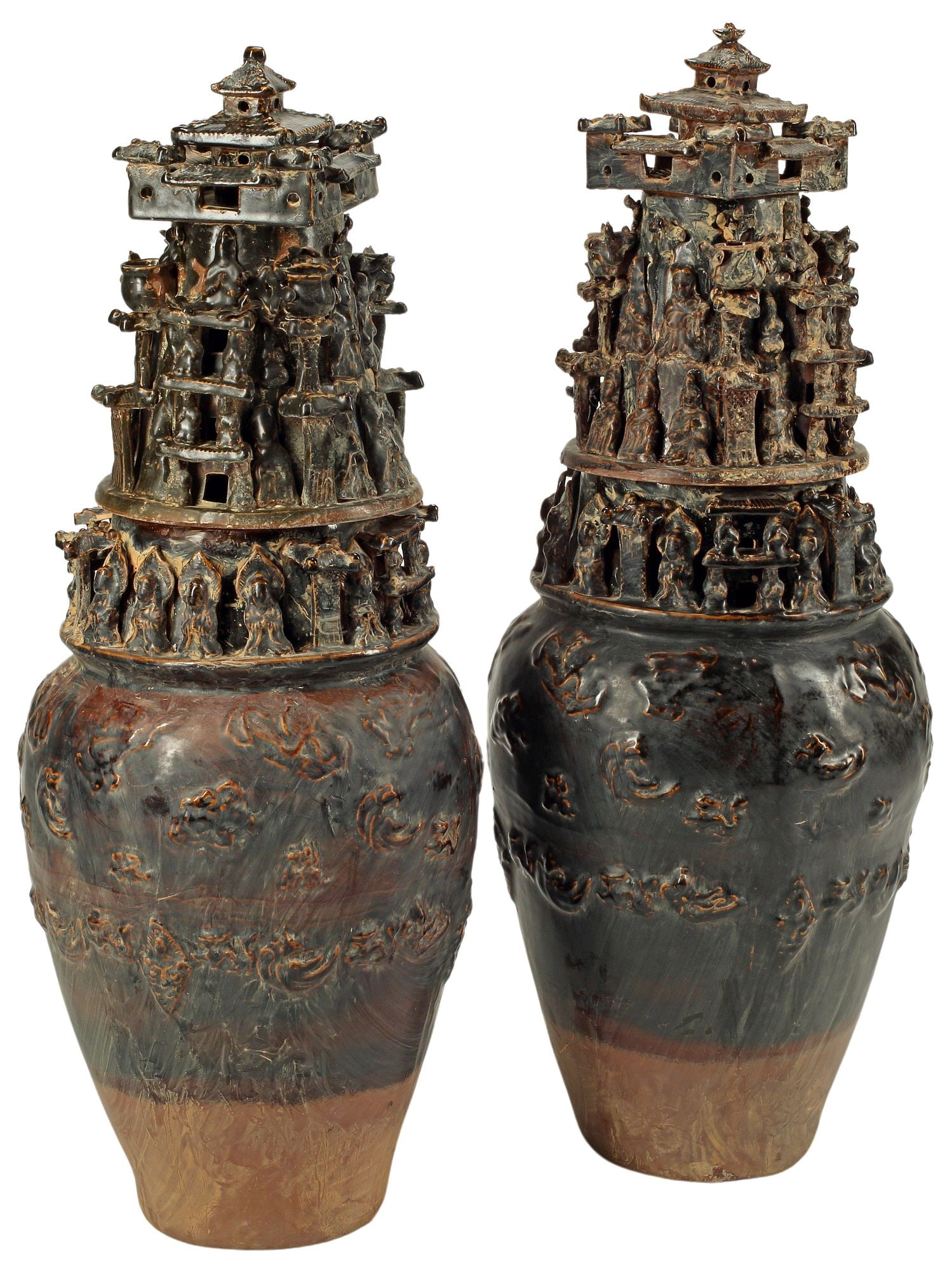 (2) CHINESE GLAZED POTTERY FUNERY URNS & COVERS (1 of 4)