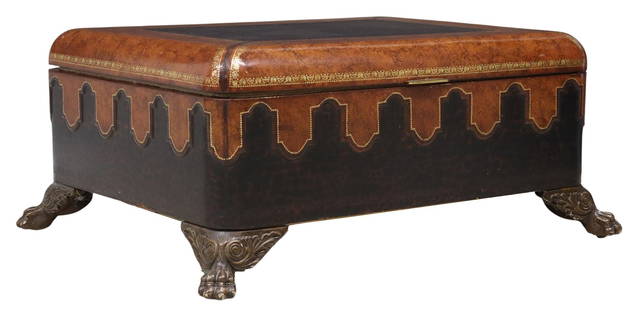 LARGE MAITLAND-SMITH LEATHER-CLAD STORAGE COFFEE TABLE ON PAW FEET: Decorative&nbsp;coffee table, Maitland-Smith, late 20th c.,&nbsp;leather-clad exterior with faux leopard pattern, gilt embossed borders, hinged lid, paper-lined interior with open storage, on paw feet