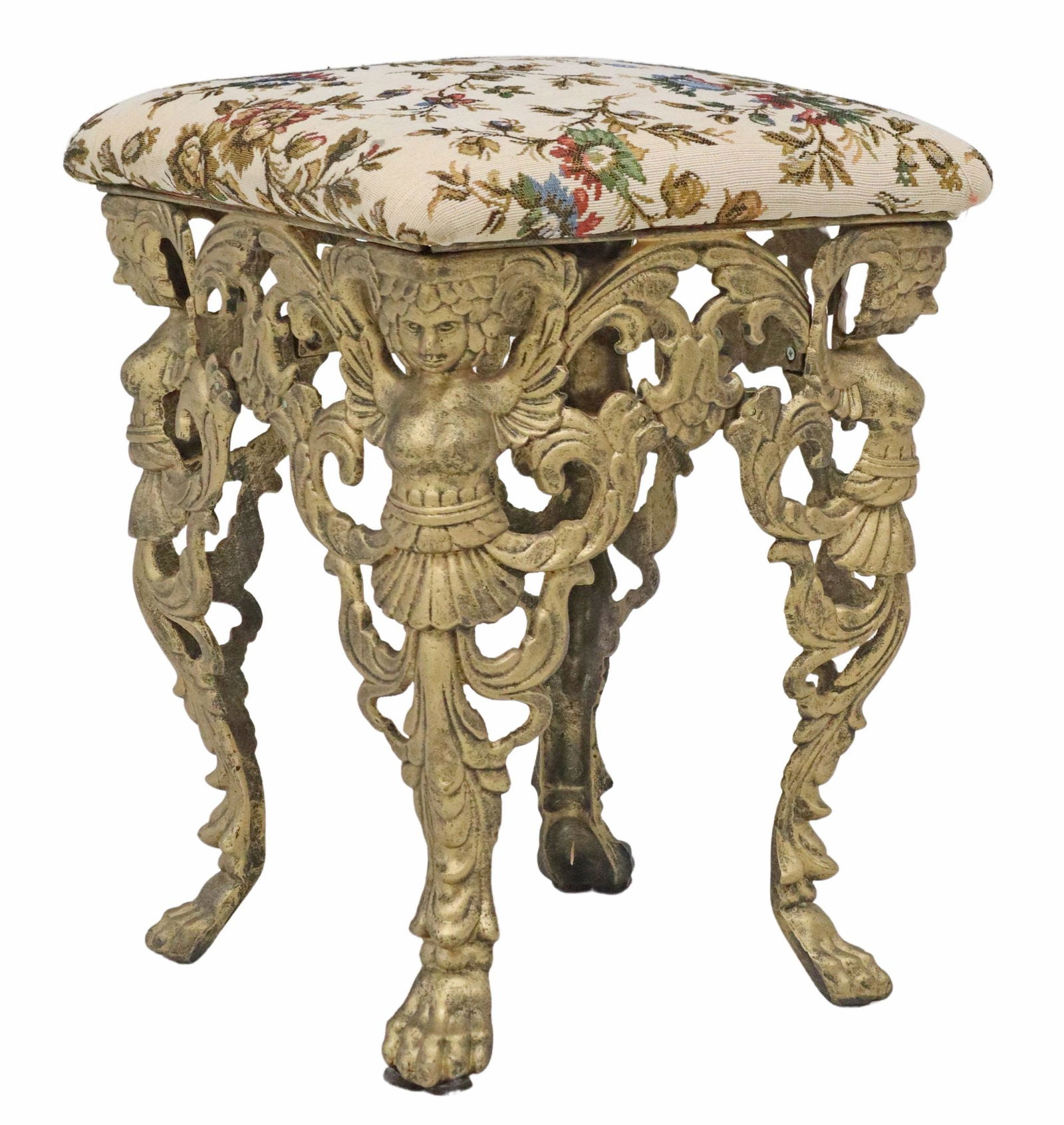 UPHOLSTERED & GILT-PAINTED CAST IRON STOOL (1 of 4)