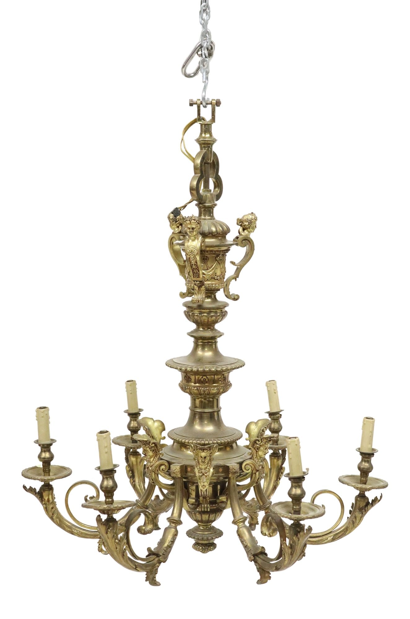 FRENCH GILT METAL SIX-LIGHT CHANDELIER: French gilt metal six-light chandelier, 20th c., having reeded standard encircled by scrolls emanating a female bust, issuing six scrolled arms, each ending in bobeche with faux candle, in need o