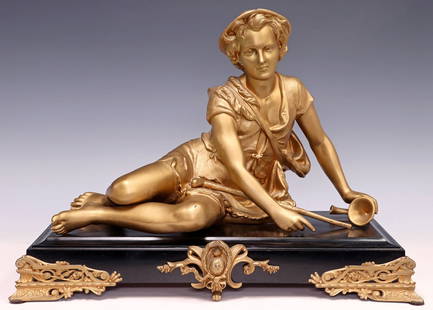 LARGE GILT-PAINTED CAST METAL SCULPTURE OF A SHEPHERD: Large gilt-painted cast metal sculpture, Shepherd with Horn, on an iron base, originally a figural topper for the Ansonia 'Columbia' clock, approx 15.75"h, 21.75"l, 9.5"w, 32.5lbs