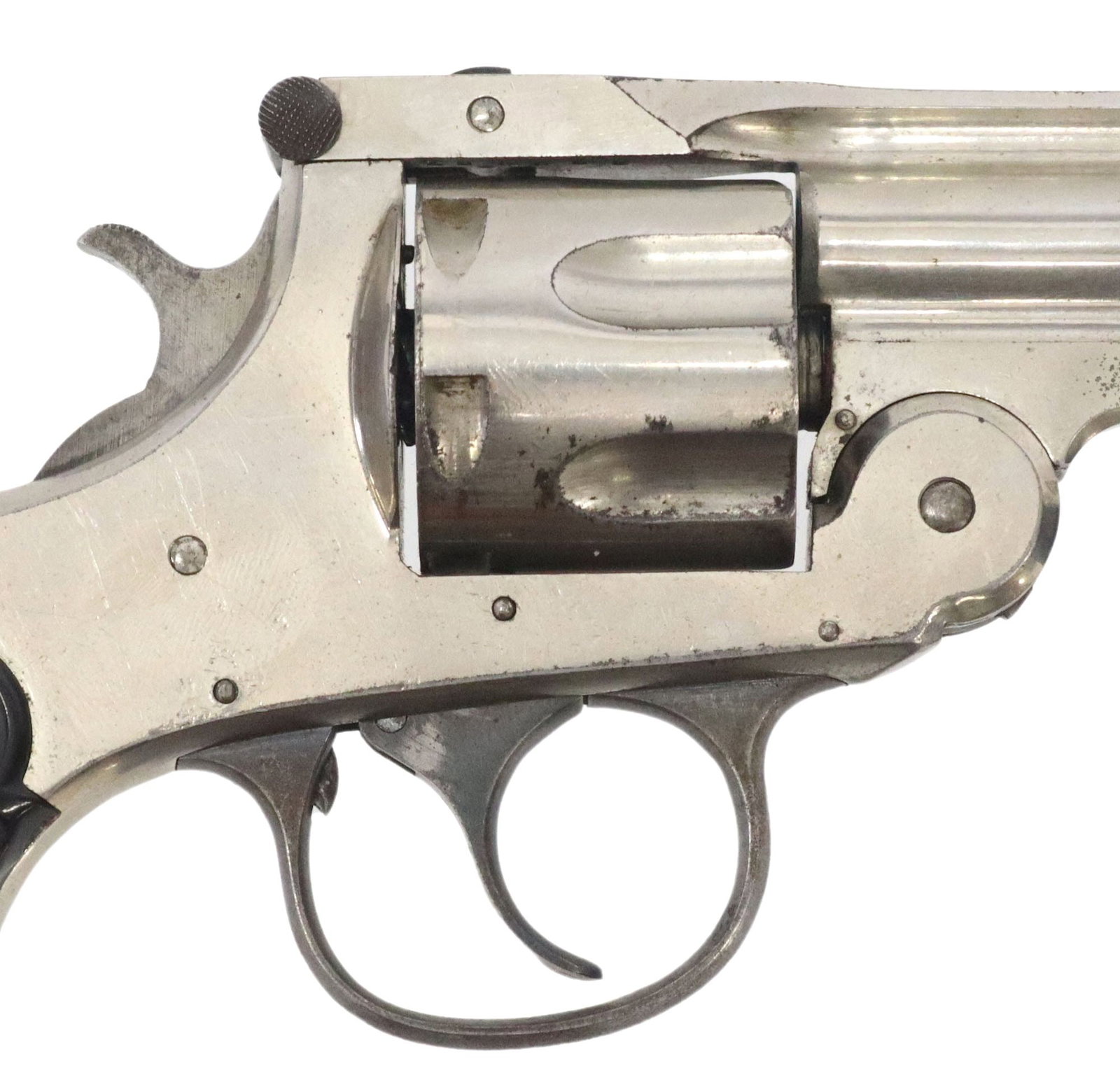 H&R AUTO EJECT .32 DA REVOLVER: Harrington & Richardson Auto Ejecting .32 top break double action nickel finish revolver, 3.25" barrel, blade front sight, grooved rear sight, six round cylinder, black checkered Target H&