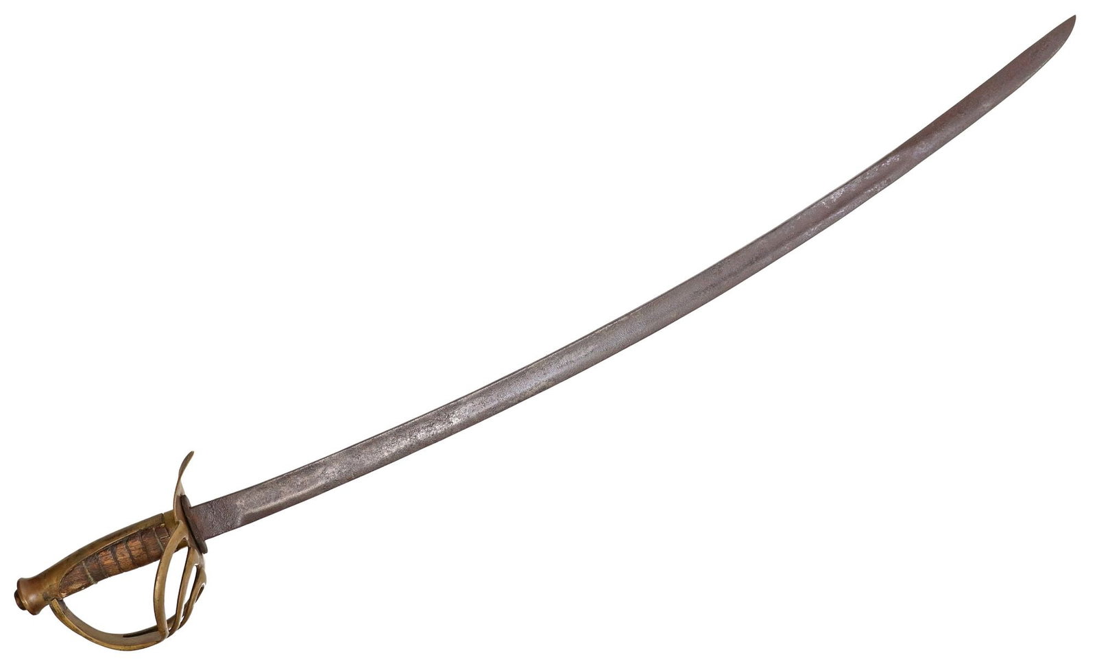 CIVIL WAR ERA CAVALRY SWORD: U.S. Model 1860 Cavalry saber in poor condition, the 34" slightly curved blade having a 26.50" fuller, the blade dark with pitting, no visible markings at ricasso, a three bra