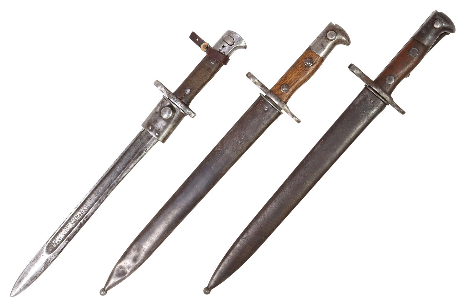 (3) BAYONETS US 1892 KRAG-JORGEN & SWISS-MEXICO: (lot of 3) Bayonets: (2) U.S. Model 1892 Krag-Jorgensen, both marked at the ricasso "U.S.", one marked at the opposite ricasso "1895", the other "1902", both with metal b