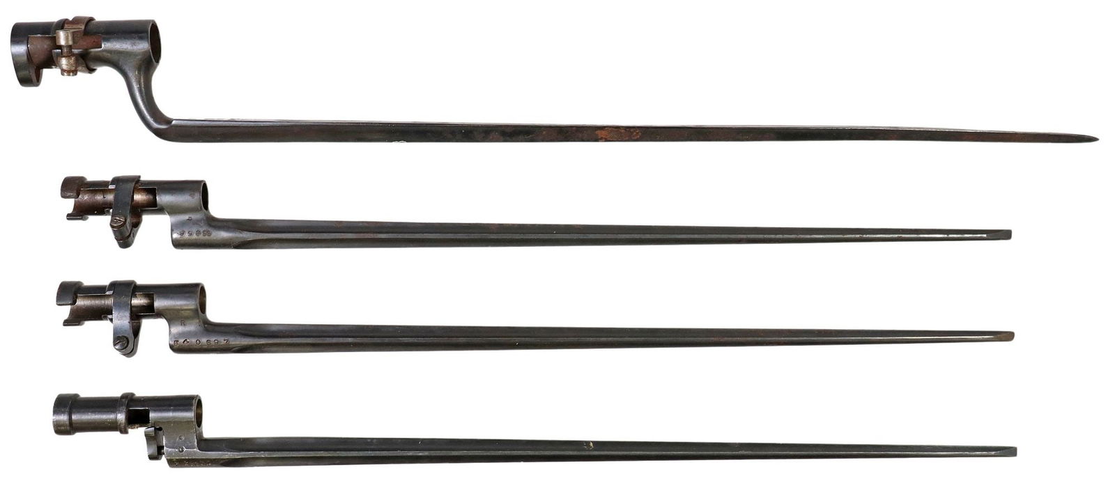 (4) SOCKET BAYONETS, REMINGTON, RUSSIAN, GERMAN: (lot of 4) Socket Bayonets: (2) Remington Arms Co. by contract for the Russian Imperial Army, 1915, the contract subsequently cancelled due o the 1918 Russian revolution, each marked with small "