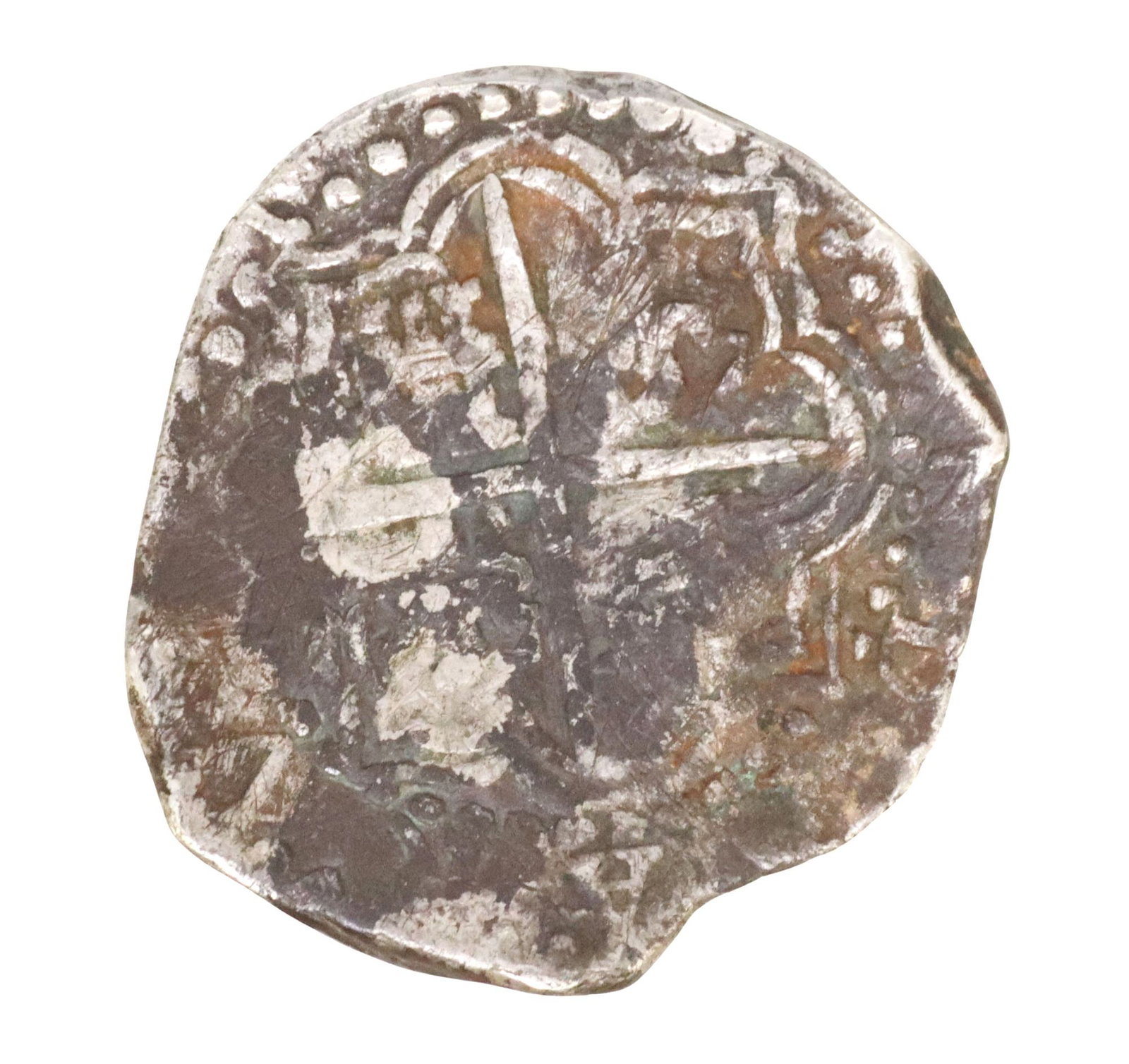SPANISH COLONIAL SHIELD-TYPE 8 REAL SILVER COB COIN: Spanish Colonial 8-real cob shield-type silver coin, with legible 'M' mint mark for Mexico, not magnetic, maximum width: approx 1 5/8"w, 26.6 grams