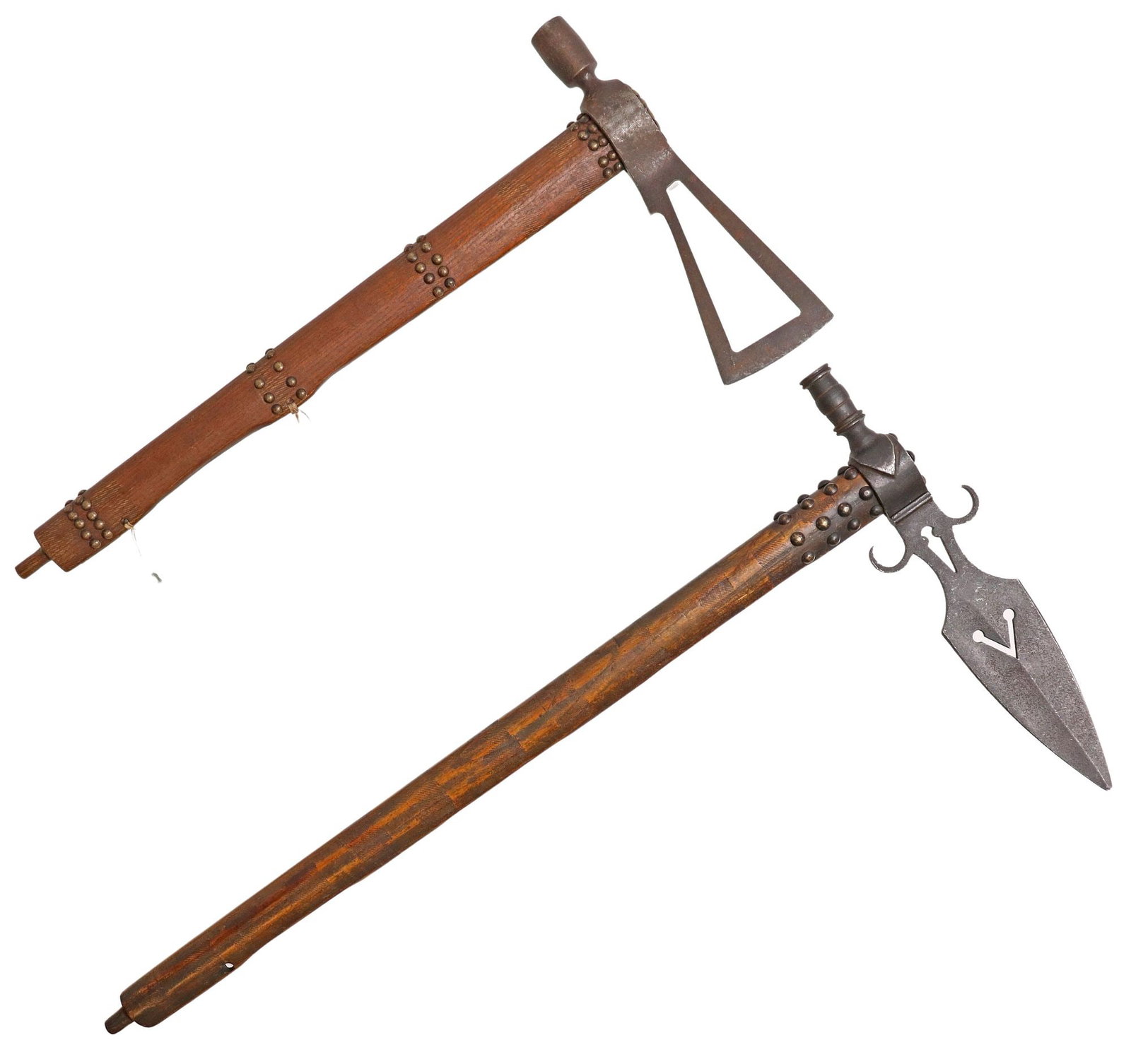 (2) NATIVE AMERICAN STYLE PIPE AXES: (lot of 2) Native American style pipe axes, 20th/21st c., both with hardwood carved shafts and nail head decoration: (1) with 12.5"w head, the axe section with piercing; (1) with 10.25" head