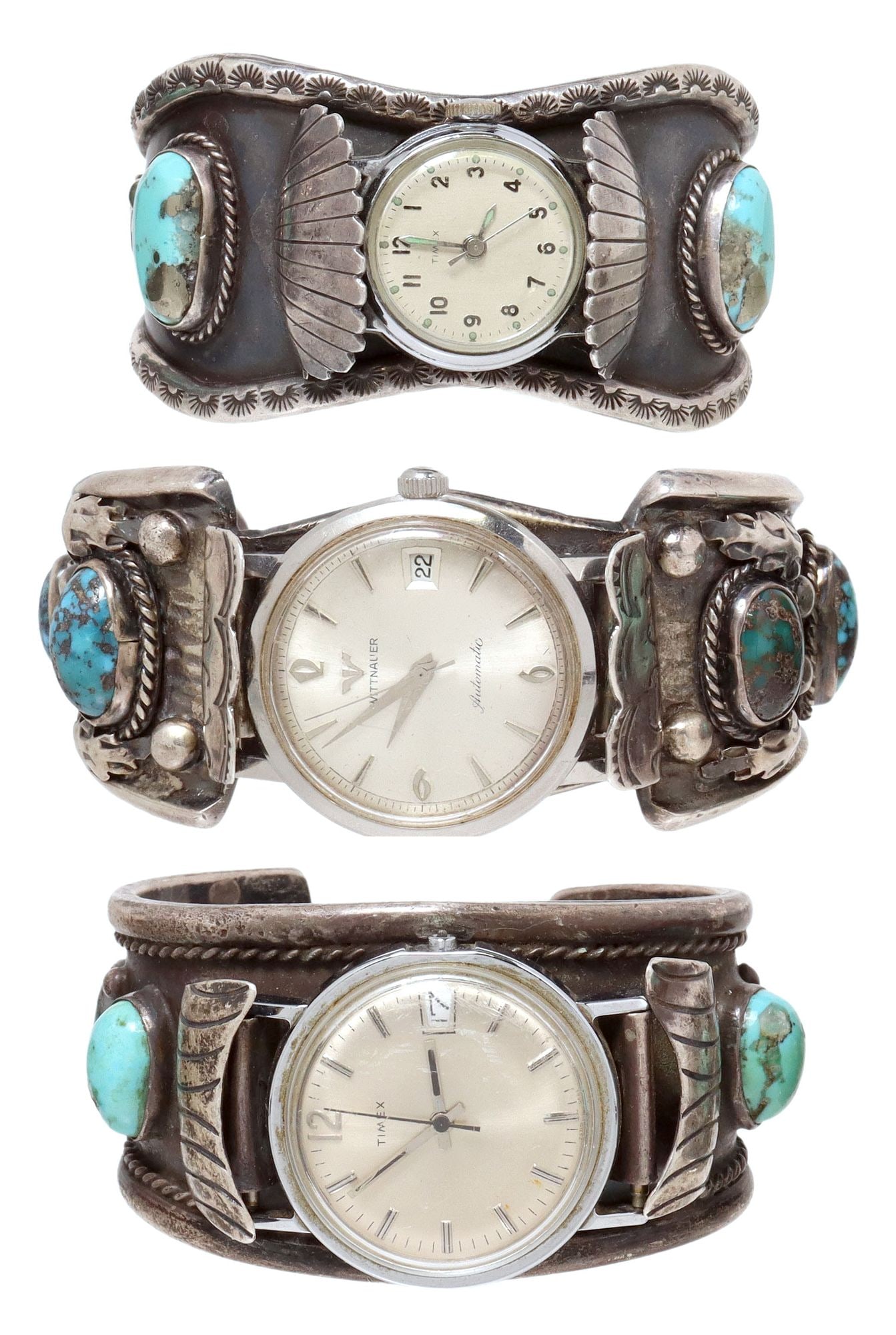 (3) NATIVE AMERICAN SILVER & TURQUOISE WATCH CUFFS:  (lot of 3) Native American silver (content unknown) watch cuffs, including: (1) tufa-cast cuff with bezel-set turquoise cabochons in a rope twist surround, Wittnauer automatic watch wi