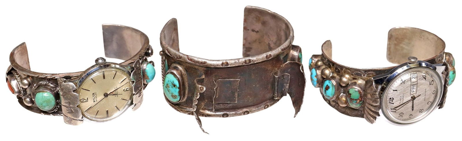 (3) NATIVE AMERICAN SILVER & TURQUOISE WATCH CUFFS: (lot of 3) Native American silver (content unknown) watch cuffs, including: (1) stamp work cuff with bezel-set turquoise cabochons, signed NFC, with Timex automatic watch, day-date apertures at the th