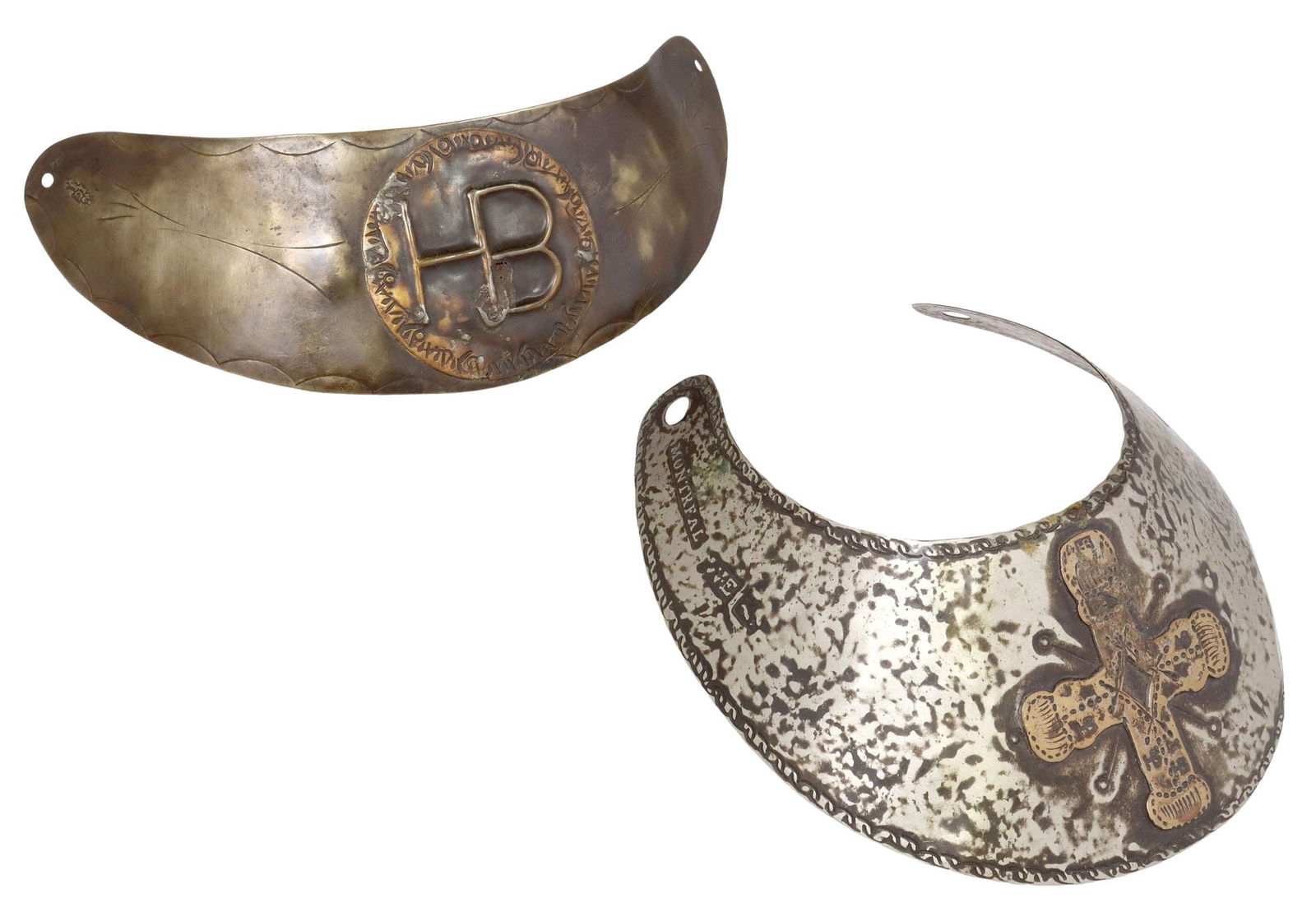 (2) GORGETS, MONTREAL & HB MARKINGS: (lot of 2) Gorgets with Hudson Bay Company markings: (1) silver tone metal marked at two places "W.E" and "Montreal", the center with a brass cross marked in four places "HB&q