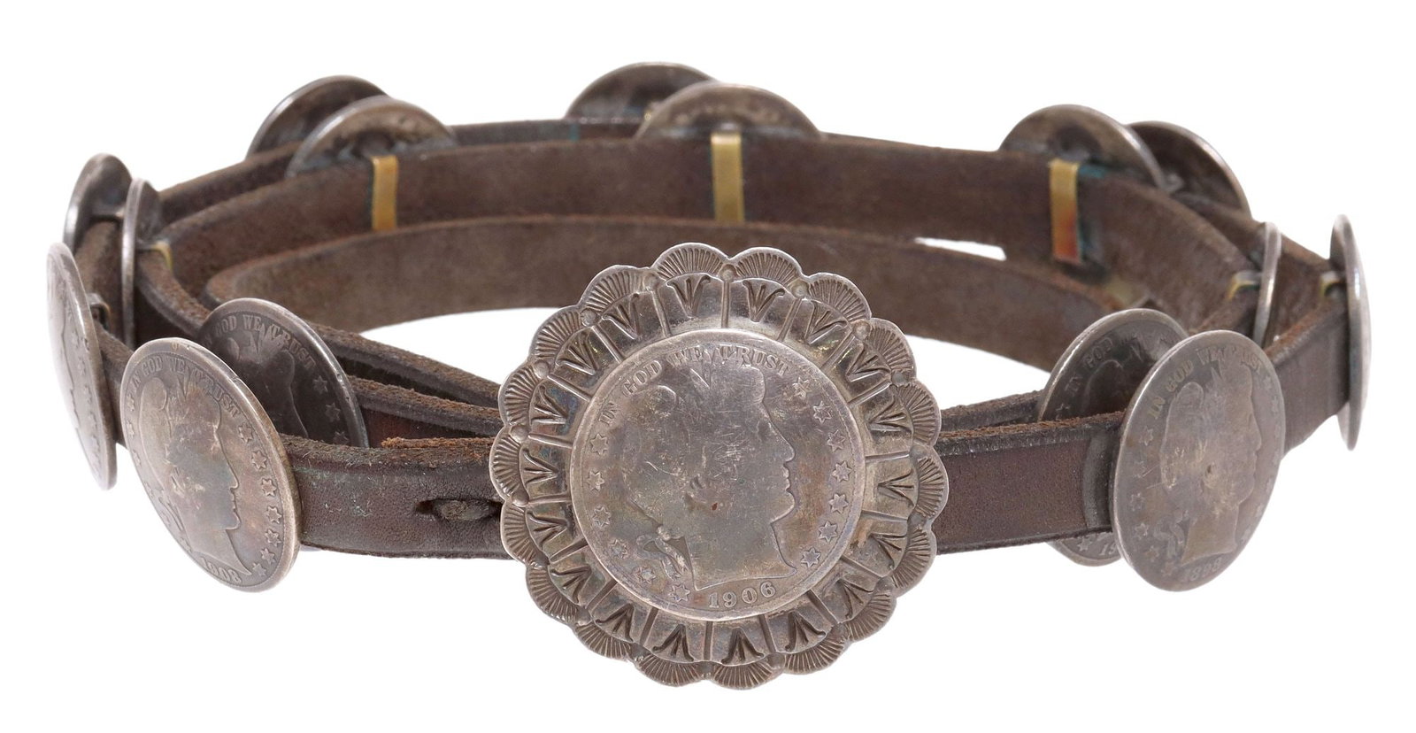 SOUTHWEST BARBER HALF DOLLAR & STAMPWORK CONCHO BELT: Southwest concho belt, unmarked, (one) buckle having stamp work border, with central 1906 Barber Half Dollar, and (seventeen) Barber Half Dollar coin conchos, visible dates ranging from 1898-1913
