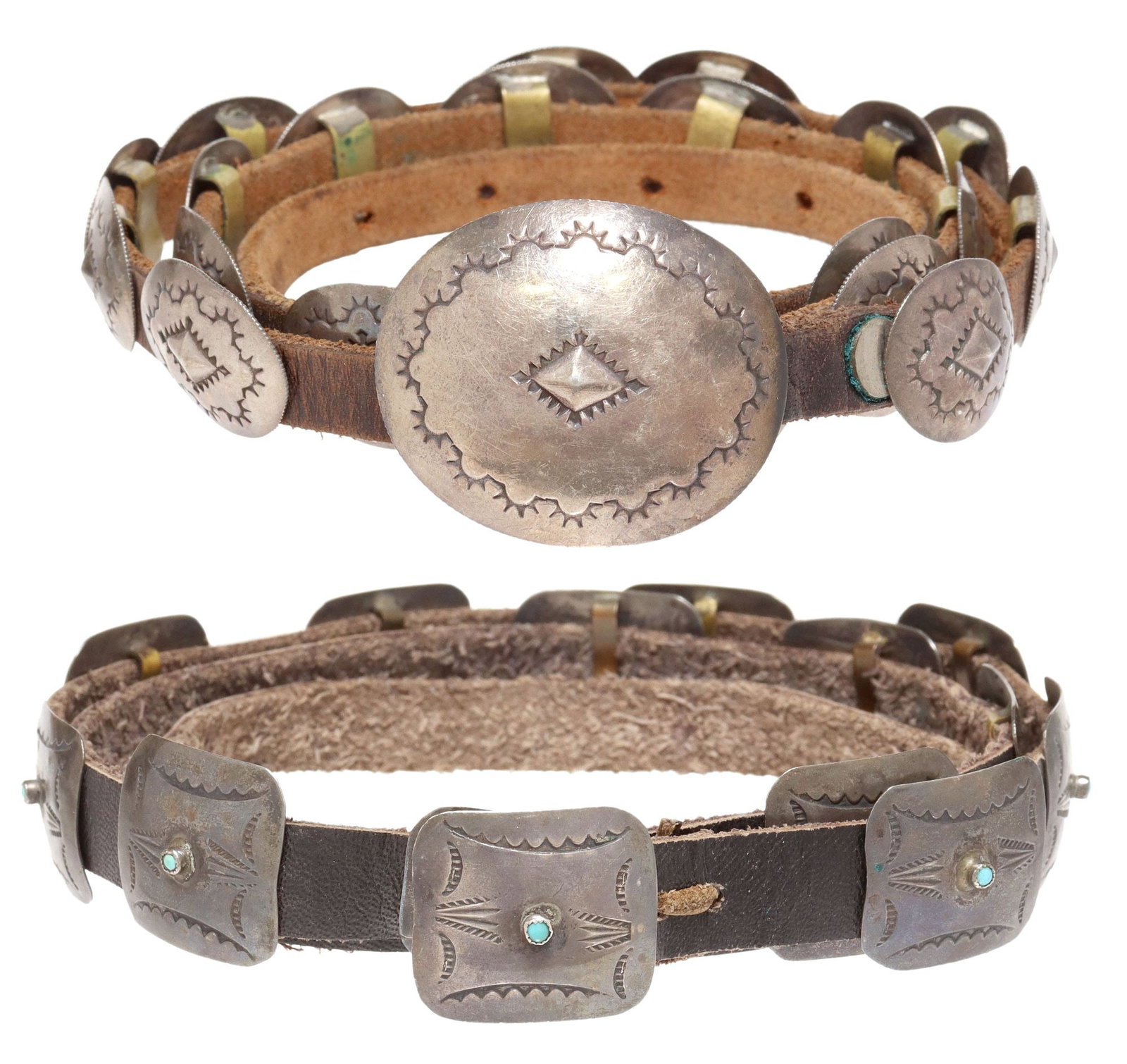 (2) SOUTHWEST SILVER, STAMPWORK & TURQUOISE CONCHO BELTS: (lot of 2) Southwest concho belts, each with diminutive silver (content unknown) conchos, both unmarked, including: (1) with (one) hook buckle and (thirteen) matched conchos, each with stamp work