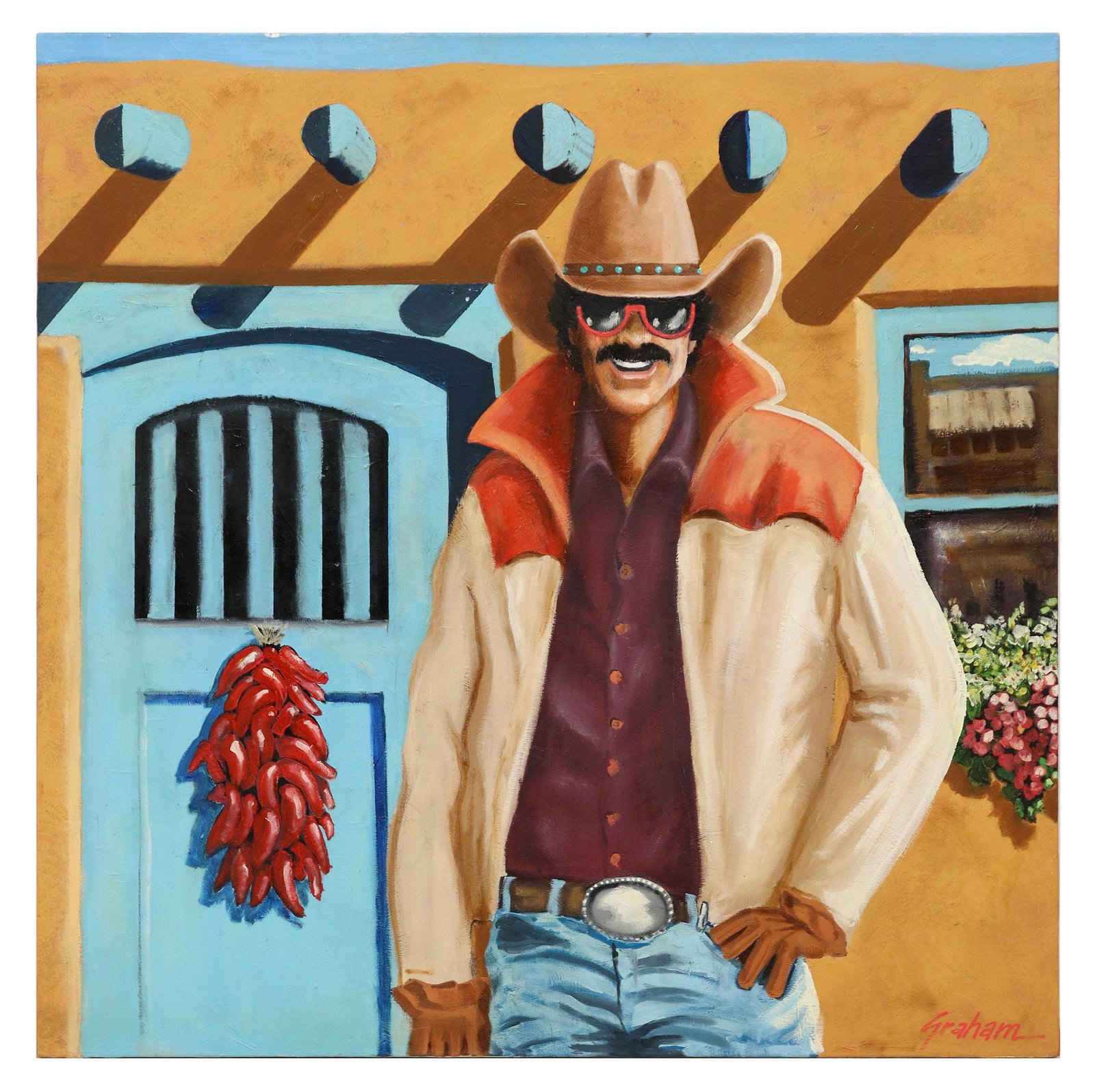 CAMERON GRAHAM (1944-2018) SOUTHWEST PAINTING 'SANTA FE STYLE,' 36" X 36": Unframed oil on stretched canvas painting, "Santa Fe Style," signed lower right Graham (Cameron Elliot Graham, Jr., American, active in Santa Fe, New Mexico, 1944-2018), titled verso, overal