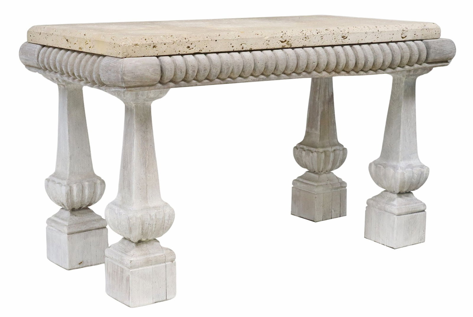 RUSTIC 'CORDOVA SHELL' LIMESTONE TOP CONSOLE TABLE: Rustic "Cordova Shell" limestone top console table, 20th c., having a rectangular top with shell impressions, over white washed wood base, rising on shaped supports, ending on block fee
