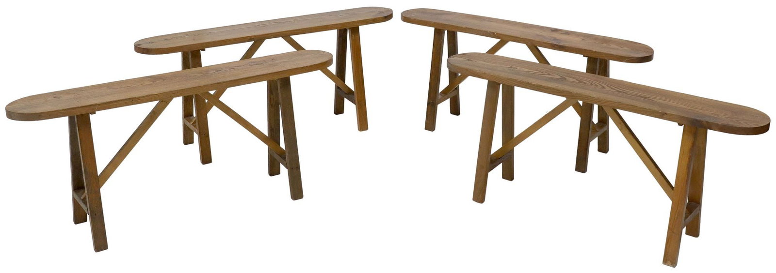 (4) SMALL FRENCH PROVINCIAL OAK TRESTLE BENCHES: (lot of 4) French Provincial small oak trestle benches, early 20th c., having narrow plank seat, mortise and tenon joinery, rising on A-frame supports, approx 19"h, 43 1/8"w, 7.5"d