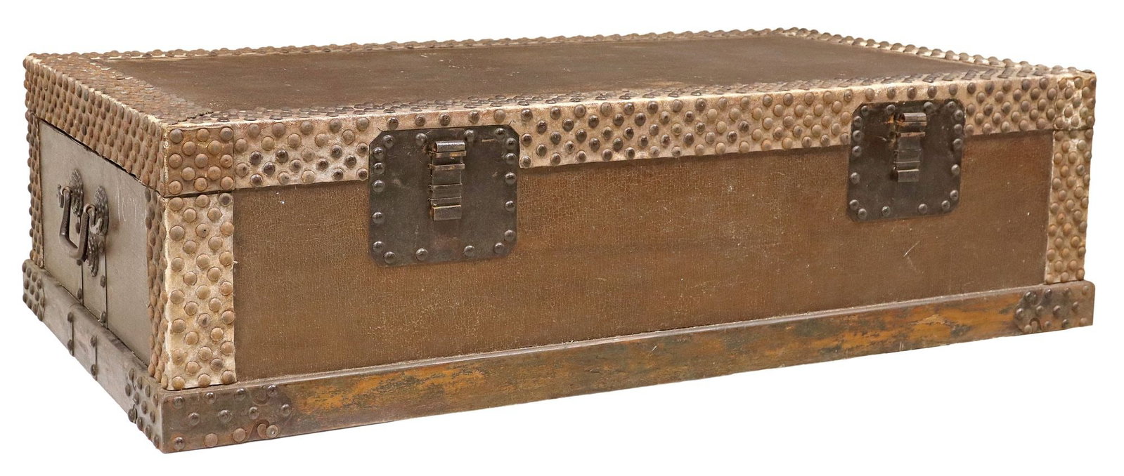 LARGE IRON-STUDDED LEATHER-CLAD TRUNK OR COFFEE TABLE: Large iron-studded leather-clad coffee table, 20th c., two deep drawers at side panels with forged iron hardware, approx 19.5"h, 71.5"w, 40"d