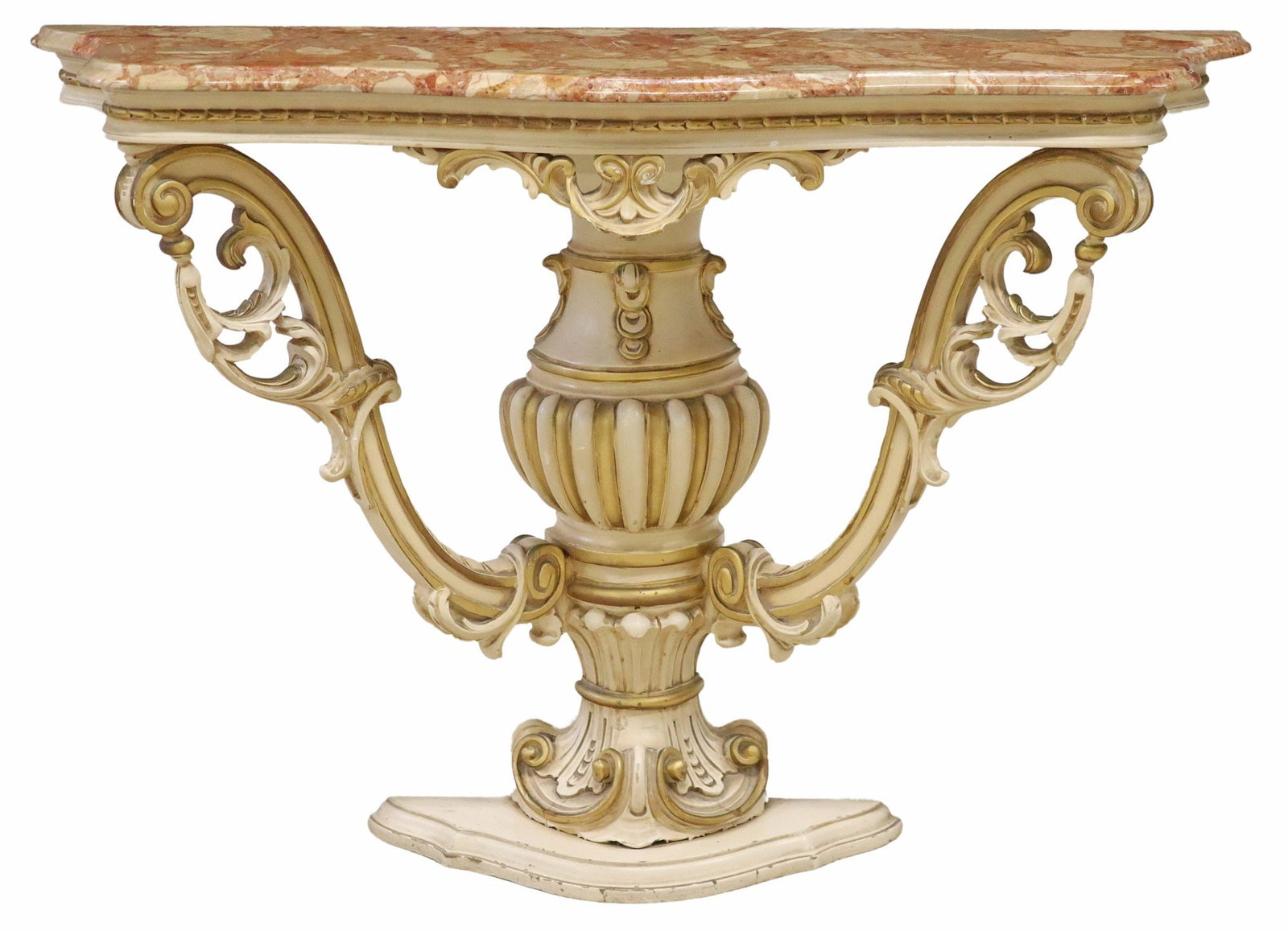 ITALIAN LOUIS XV STYLE MARBLE-TOP CONSOLE TABLE: Italian Venetian Louis XV style paint decorated console table, 20th c., having shaped marble top, over conforming white and gilt painted frame, with foliate scrollwork and gadrooned standard, rising o