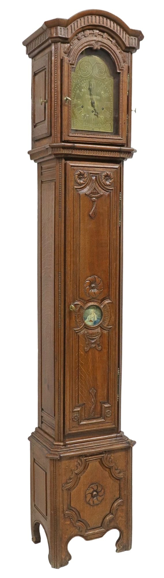 FRENCH OAK MODIFIED FONTONAY LONGCASE CLOCK CABINET: French carved oak longcase clock, early 20th c., having arched dentil cornice, over brass dial with Roman numerals and dial markers, face marked Bollot-Lemoine St. Quentin France, 