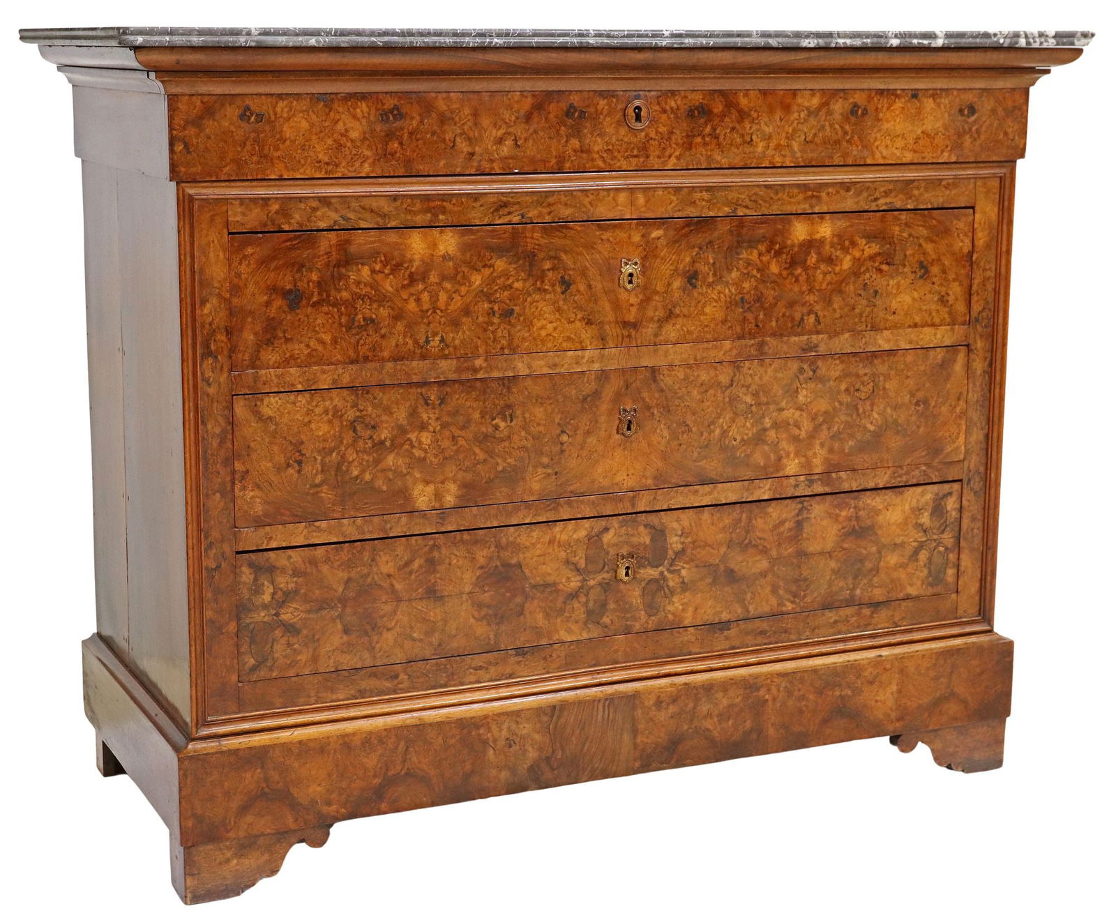 FRENCH LOUIS PHILIPPE PERIOD MARBLE-TOP BURLWOOD COMMODE: French Louis Philippe period marble-top commode, mid 19th c., case of typical form faced in highly figured burlwood veneers, five drawers, lowest concealed in base molding, on bracket feet, separation