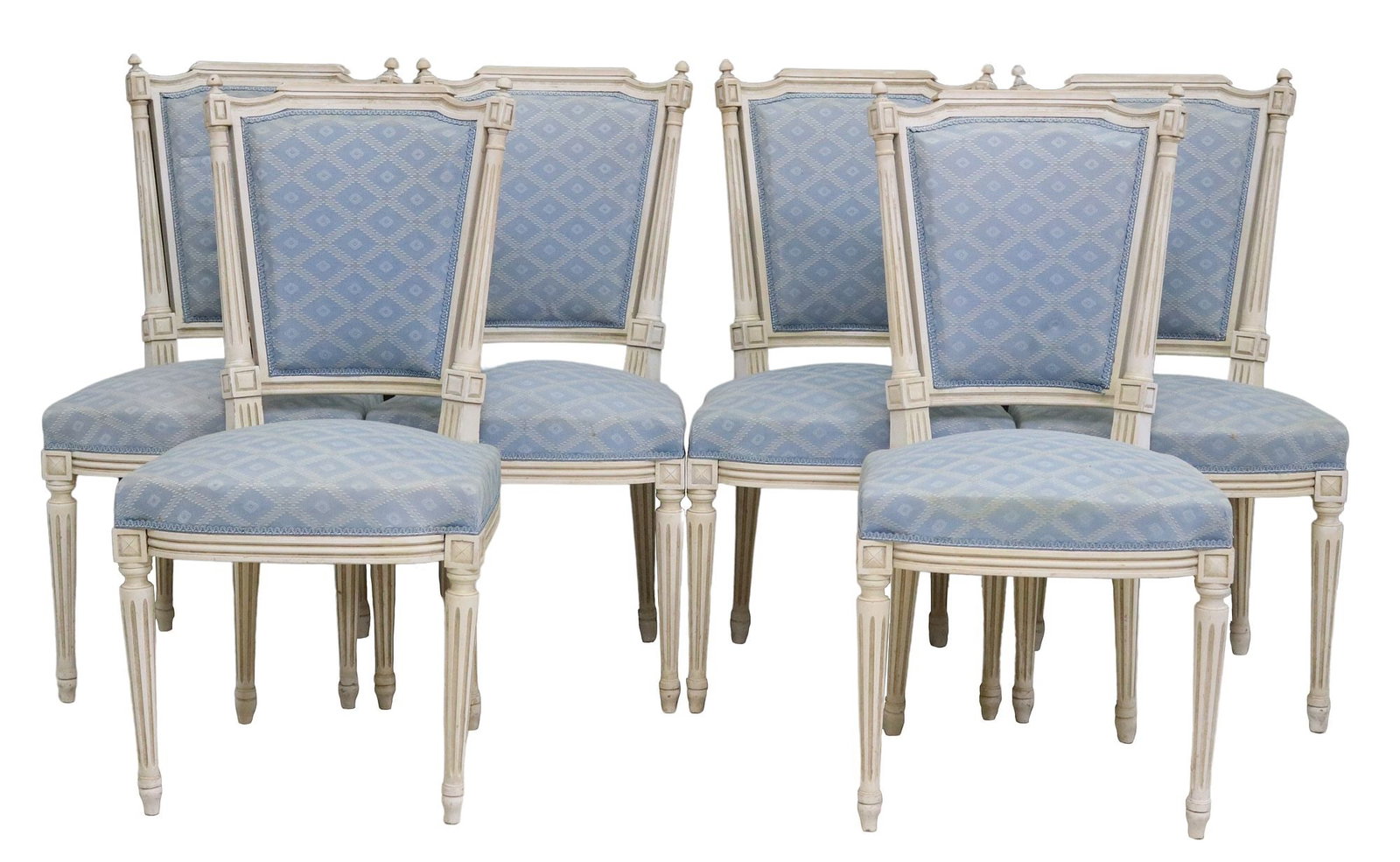 (6) FRENCH LOUIS XVI STYLE PAINTED & UPHOLSTERED DINING CHAIRS: (lot of 6) French Louis XVI style painted side chairs, 20th c., having shaped top rail with turned finial at either side, over lightly tapered back flanked by fluted columnar supports, with light blue