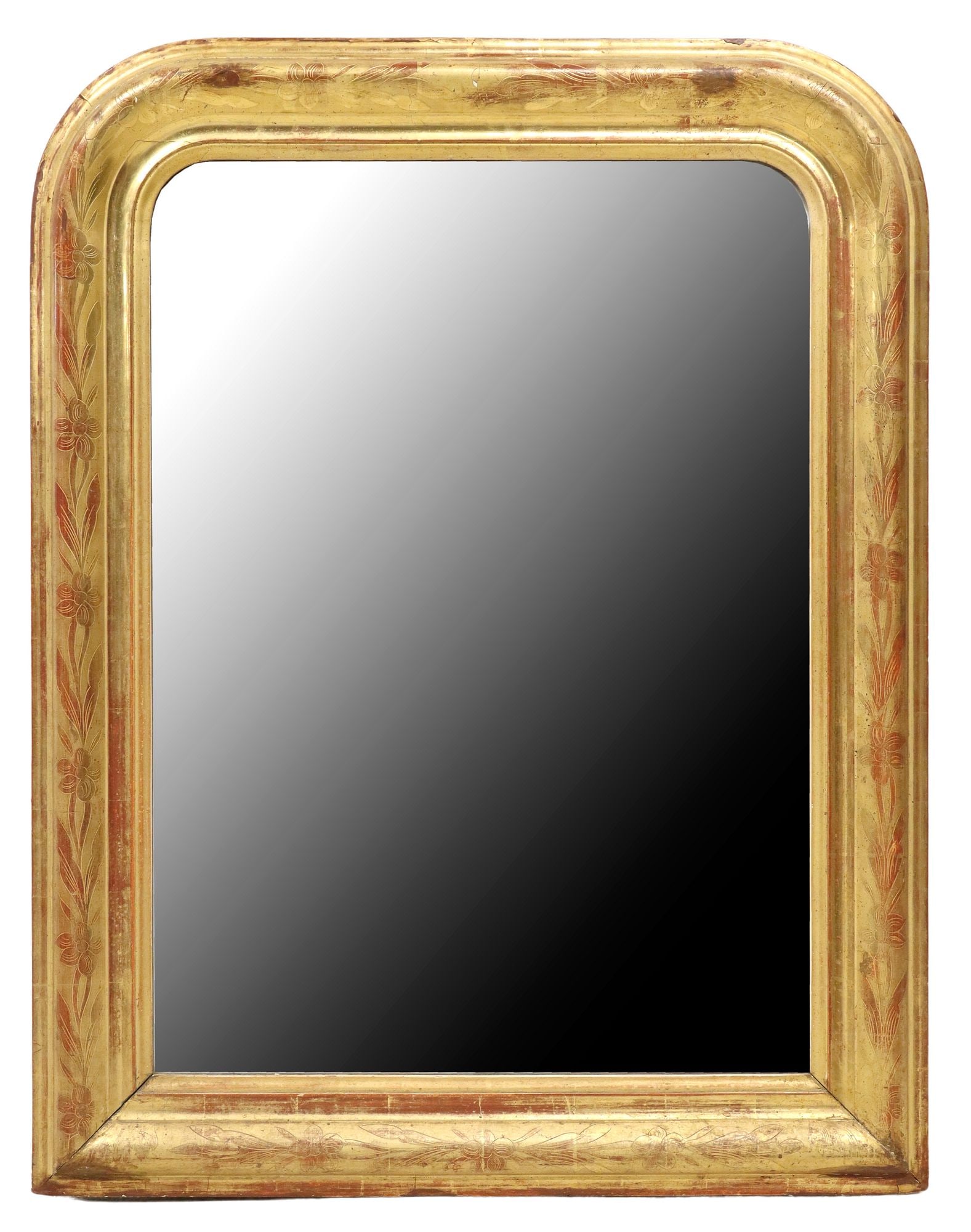 FRENCH LOUIS PHILIPPE PERIOD GILTWOOD MIRROR, 42" X 31.5": French Louis Philippe period giltwood wall mirror, mid 19th c., having arched frame with incised foliate and floral motifs, encasing flat mirror plate, some typical minor silver loss to mirror plate, 