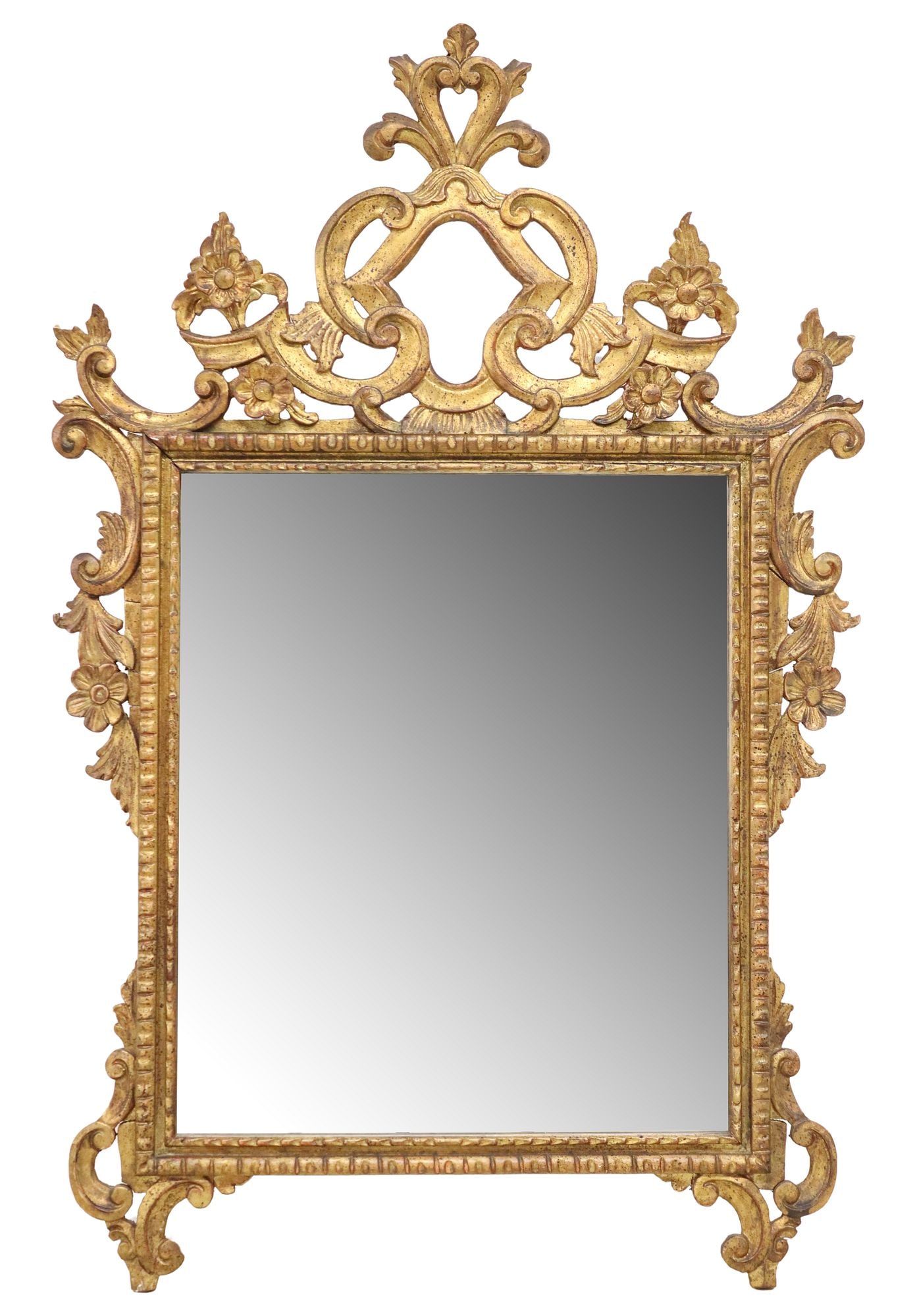 ITALIAN LOUIS XV STYLE GILT PAINTED MIRROR: Italian Louis XV style gilt painted wall mirror, early 20th c., having pierced crest with scrolled foliates and floral motifs, over molded frame, encasing flat mirror plate, visible fracture and 