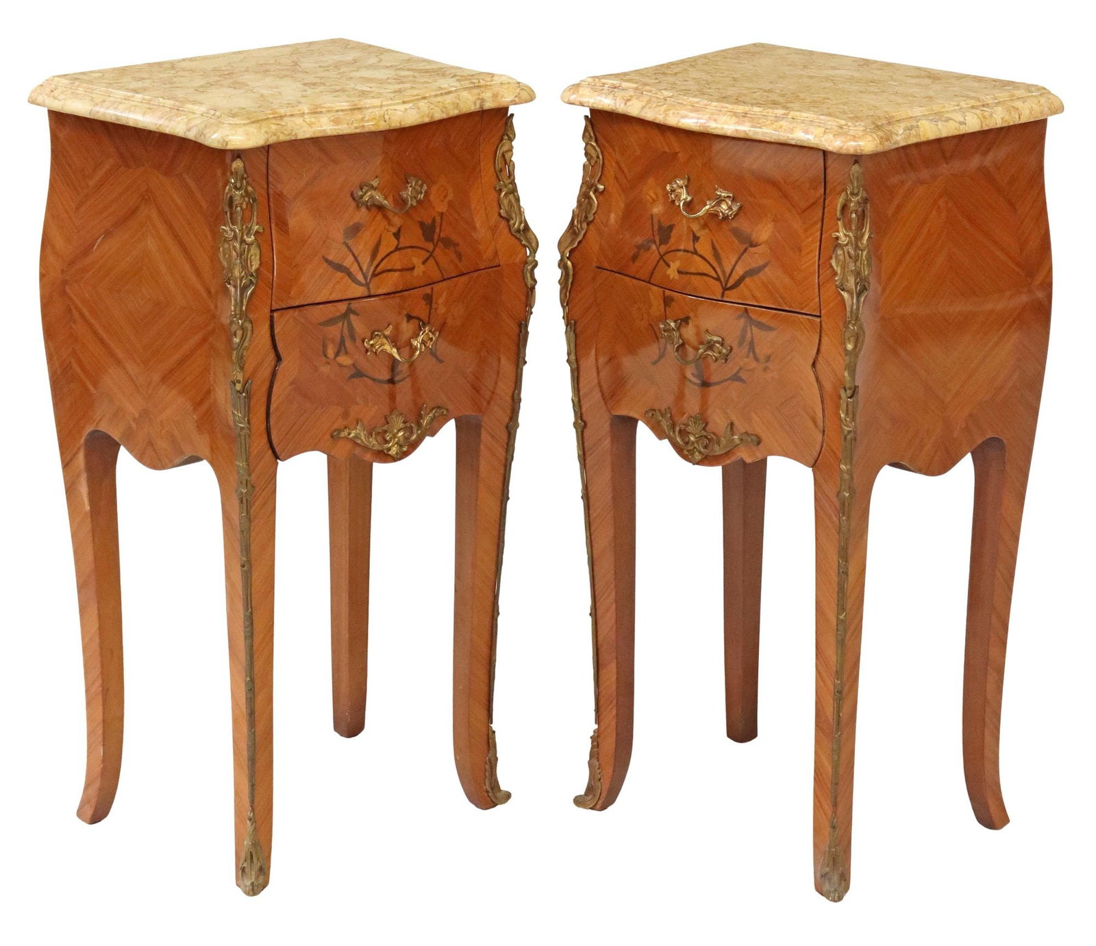 (2) FRENCH LOUIS XV STYLE MARBLE-TOP NIGHTSTANDS: (pair) French Louis XV style marble-top nightstands, late 20th c., two drawers accented with floral marquetry, gilt metal case mounts, rising on cabriole legs, ending in sabots, approx 30.25"h, 1