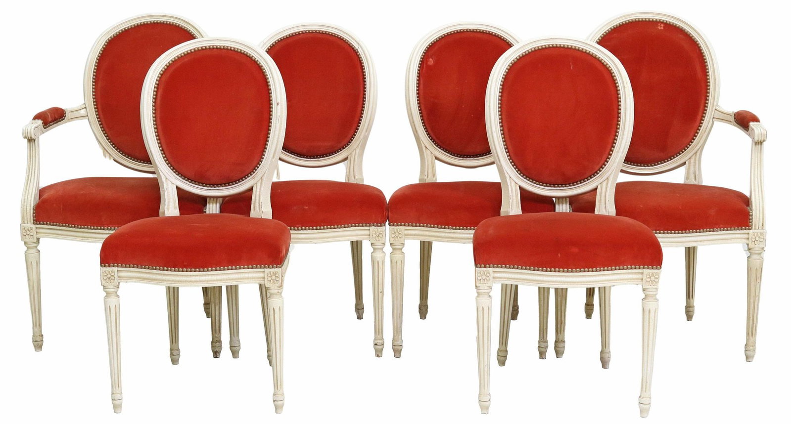 (6) FRENCH LOUIS XV STYLE SIDE CHAIRS & ARMCHAIRS: (lot of 6) French Louis XVI style chairs, 20th c., each having cream-painted frame and rising on fluted and tapered legs, including: (2) fauteuils, approx 37.5"h, 23"w, 22"d, seat: 19&q