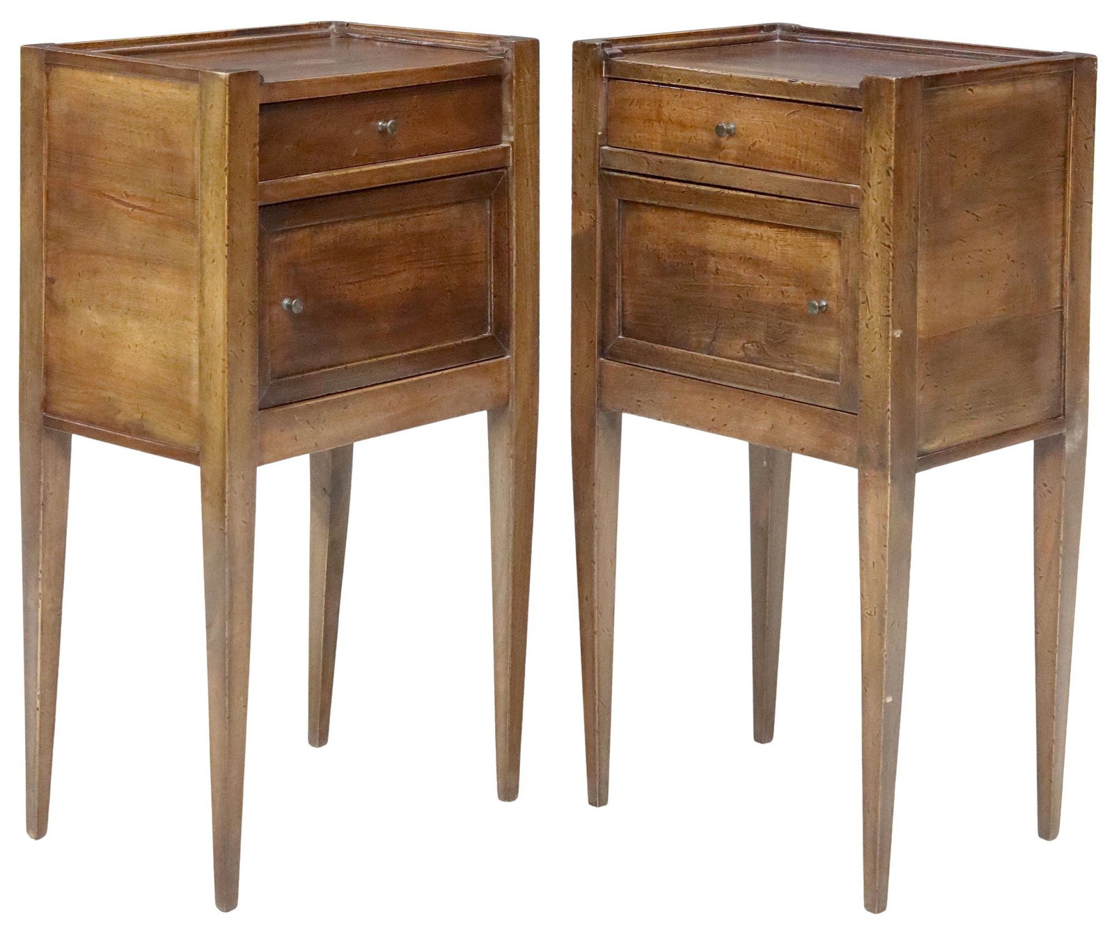 (2) ITALIAN NEOCLASSICAL STYLE WALNUT BEDSIDE CABINETS: (lot of 2) Italian Neoclassical style walnut nightstands, late 19th c., each having rectangular top, over single drawer and cabinet, revealing open interior, rising on squared and tapered support