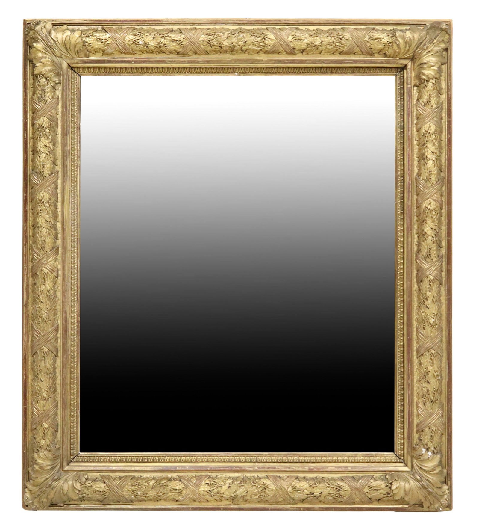 FRENCH NEOCLASSICAL GILT PAINTED MIRROR, 50" X 44": French Neoclassical gilt painted mirror, late 19th c., having stepped rectangular frame, with foliate motifs and molded trim, encasing flat mirror plate, labels verso for Carpentier, Rue Fontaine, Par