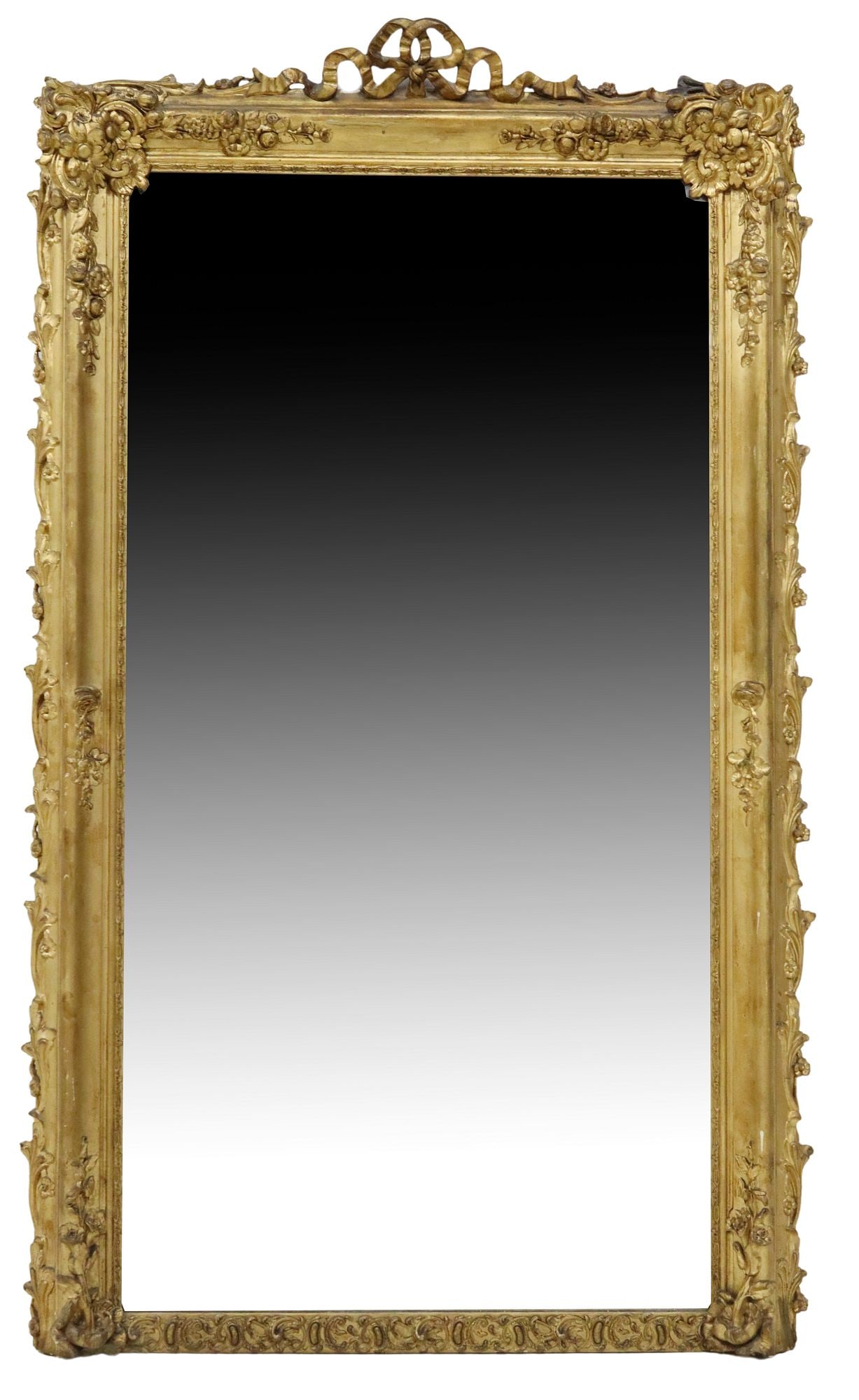 FRENCH LOUIS XVI STYLE GILT PAINTED MIRROR, 56.5" X 33.5": French Louis XVI style gilt painted wall mirror, early 20th c., having ribbon crest, over molded rectangular frame with floral medallions and foliate scrollwork, encasing flat mirror plate, some 