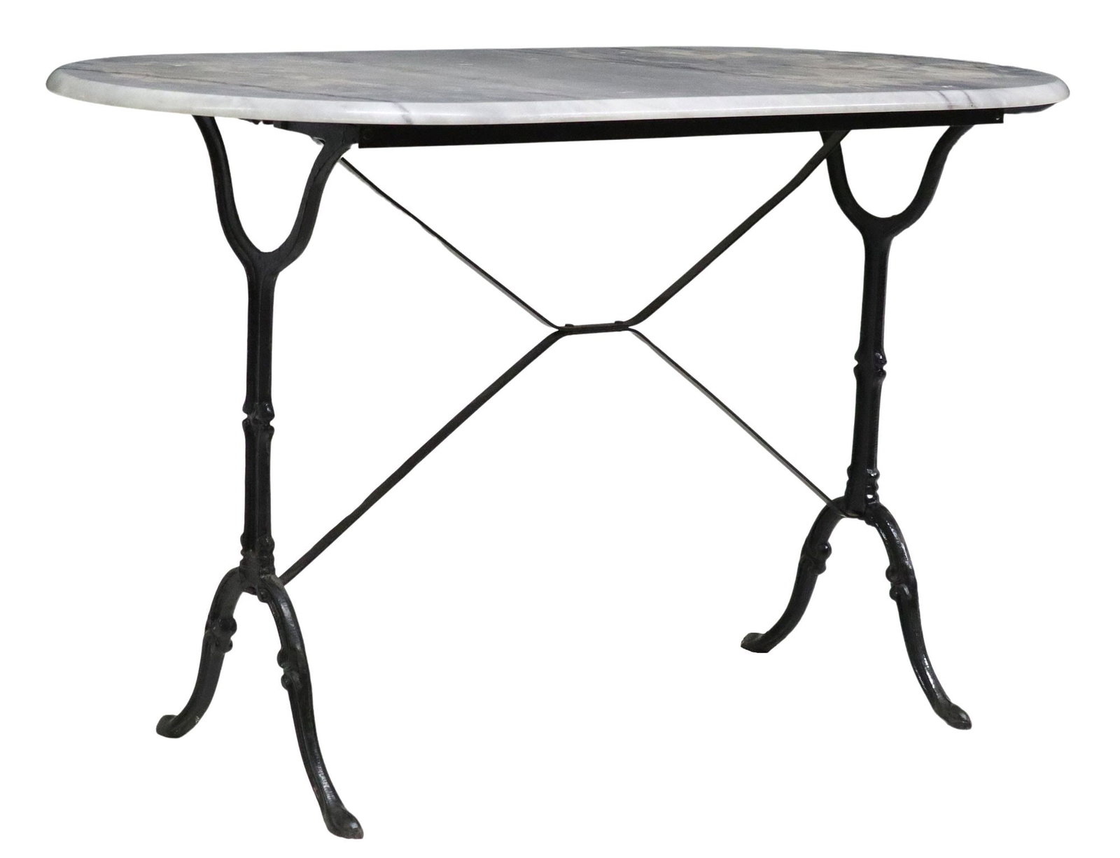 FRENCH MARBLE-TOP CAST IRON BISTRO TABLE: French marble-top bistro table, 20th c., rising on cast iron base, approx 29"h, 47"w, 24"d