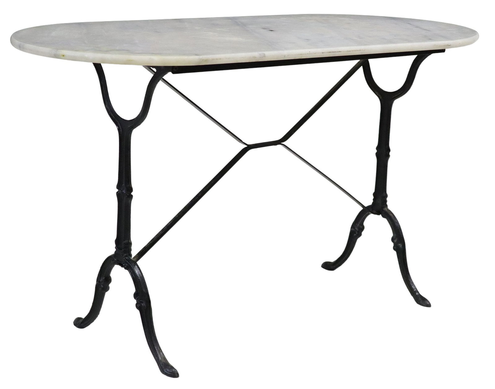 FRENCH MARBLE-TOP CAST IRON BISTRO TABLE: French marble-top bistro table, 20th c., cast iron base, approx 28 1/8"h, 47 1/8"w, 23.5"d