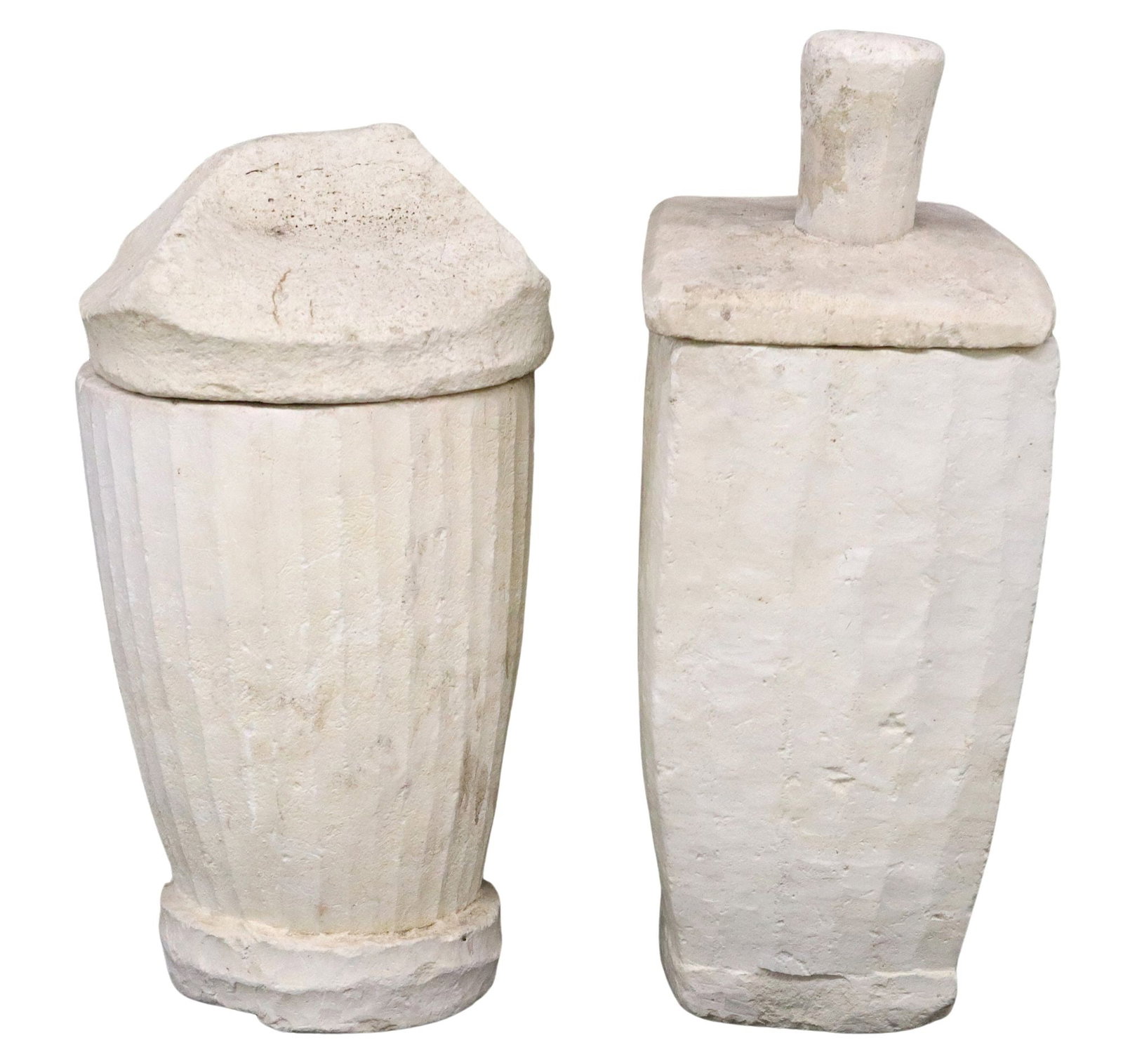 (2) HAND CARVED LIMESTONE BURIAL URNS, PHILIPPINES: (lot of 2) Hand carved limestone burial urns, Philippines, each with lids to top with tapered bodies, one lid with face carving to handle, largest: approx 23.5"h, 7.75"w, 9"d