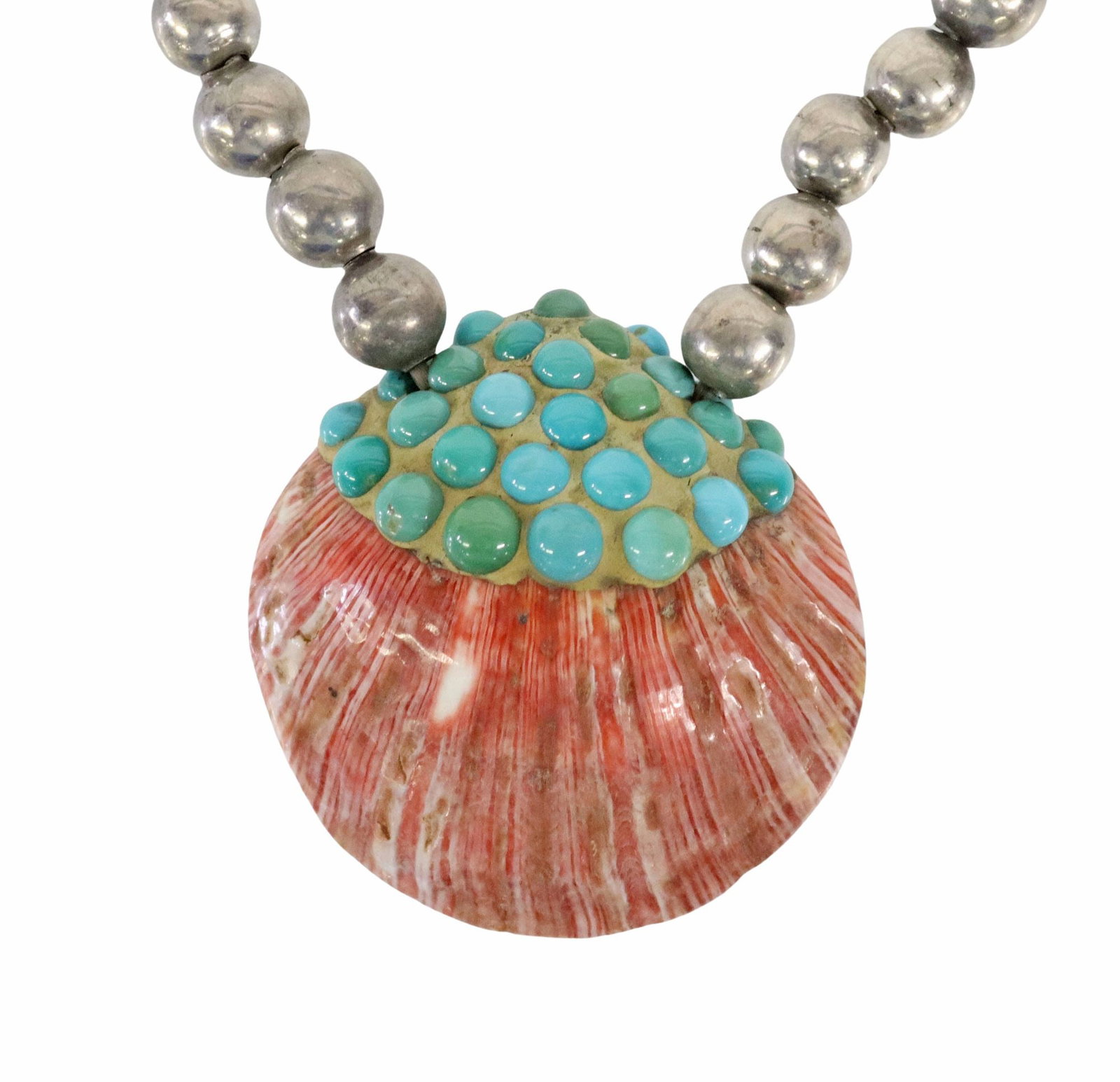 KEWA PUEBLO TURQUOISE & SHELL BENCH BEAD NECKLACE: Native American necklace, signed BH, likely Kewa (Santo Domingo) Pueblo, central spiny oyster shell pendant set with turquoise cabochons, on a strand of graduated silver (content unknown) bead beads, 