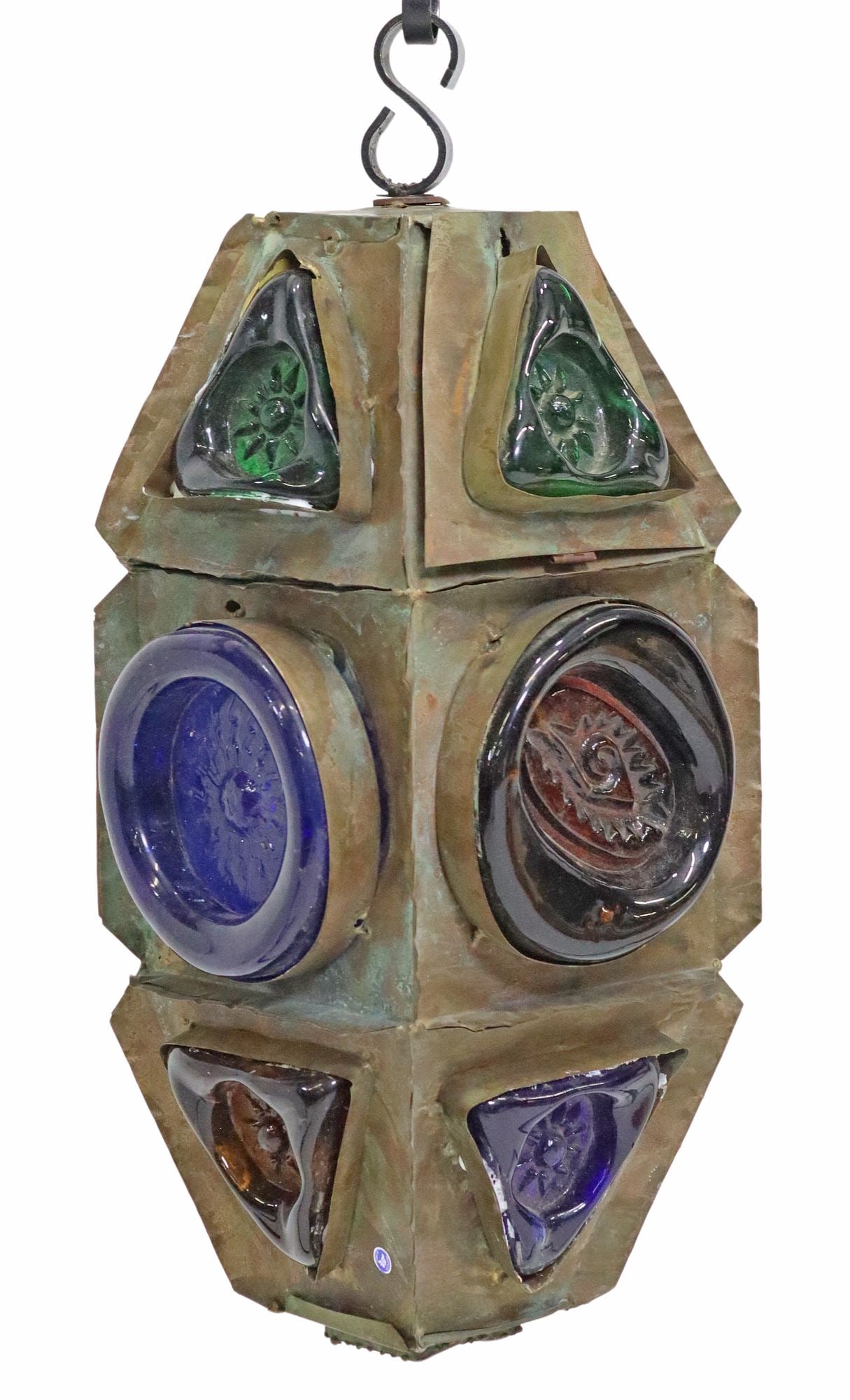 PATINATED METAL & COLORED GLASS LANTERN: Patinated metal and hand-blown colored glass lantern, having one hinged top section, molded sun motifs, tapered form, in need of sockets and wiring, approx 22.5"h, 9.5"w, 18.4lbs