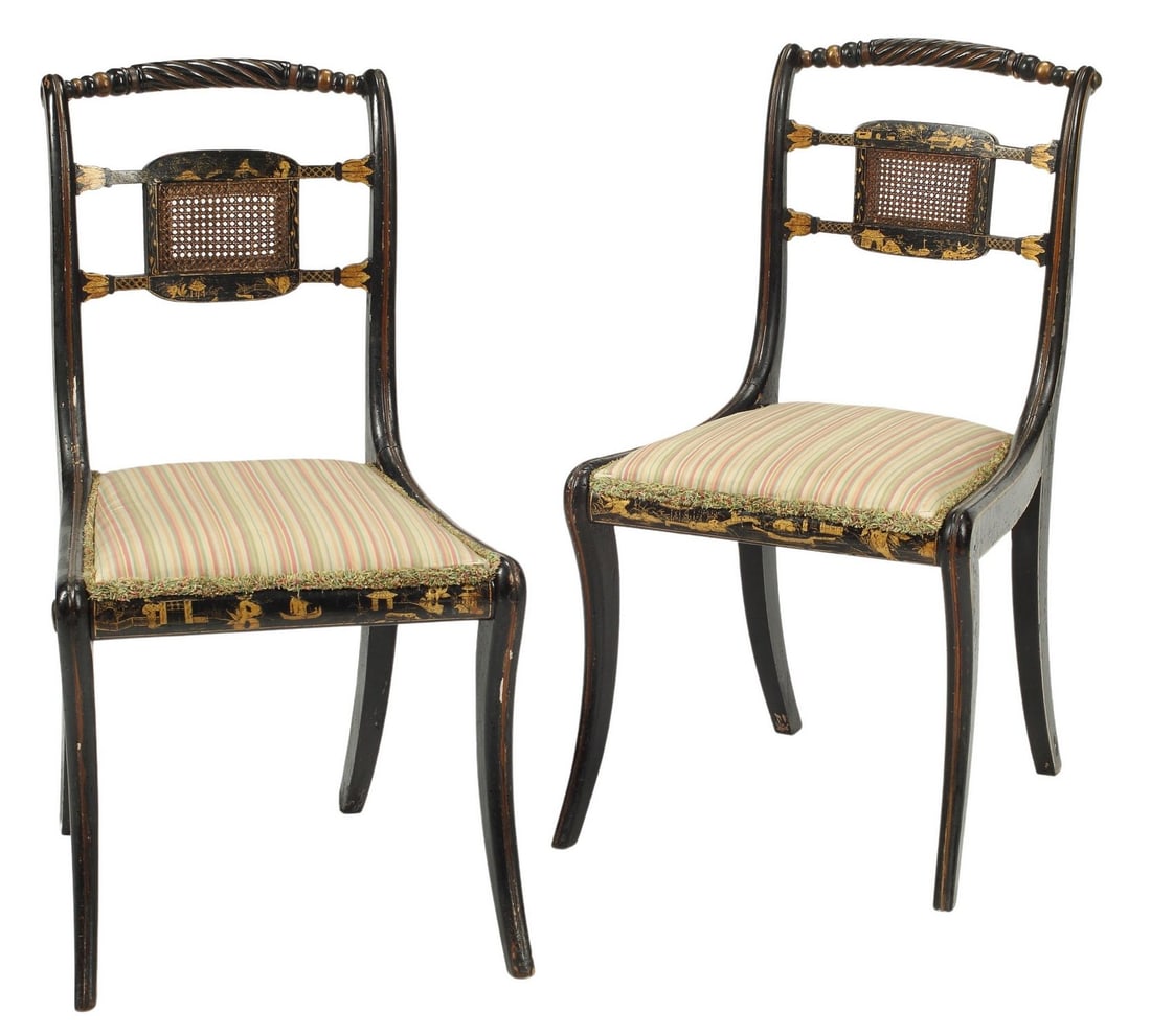 (2) REGENCY STYLE GILT-JAPANNED SIDE CHAIRS: (pair) Regency style gilt-japanned side chairs, approx 33"h, 18"w, 18"d, seat height: approx 16.5"h