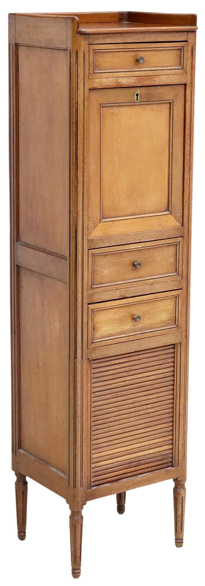 FRENCH LOUIS XVI STYLE CARVED LIBRARY CABINET: French Louis XVI style carved library cabinet, 20th c., having three quarter wooden gallery, over three drawers, drop front opens to inset leather writing surface and interior gallery, flanked by flut