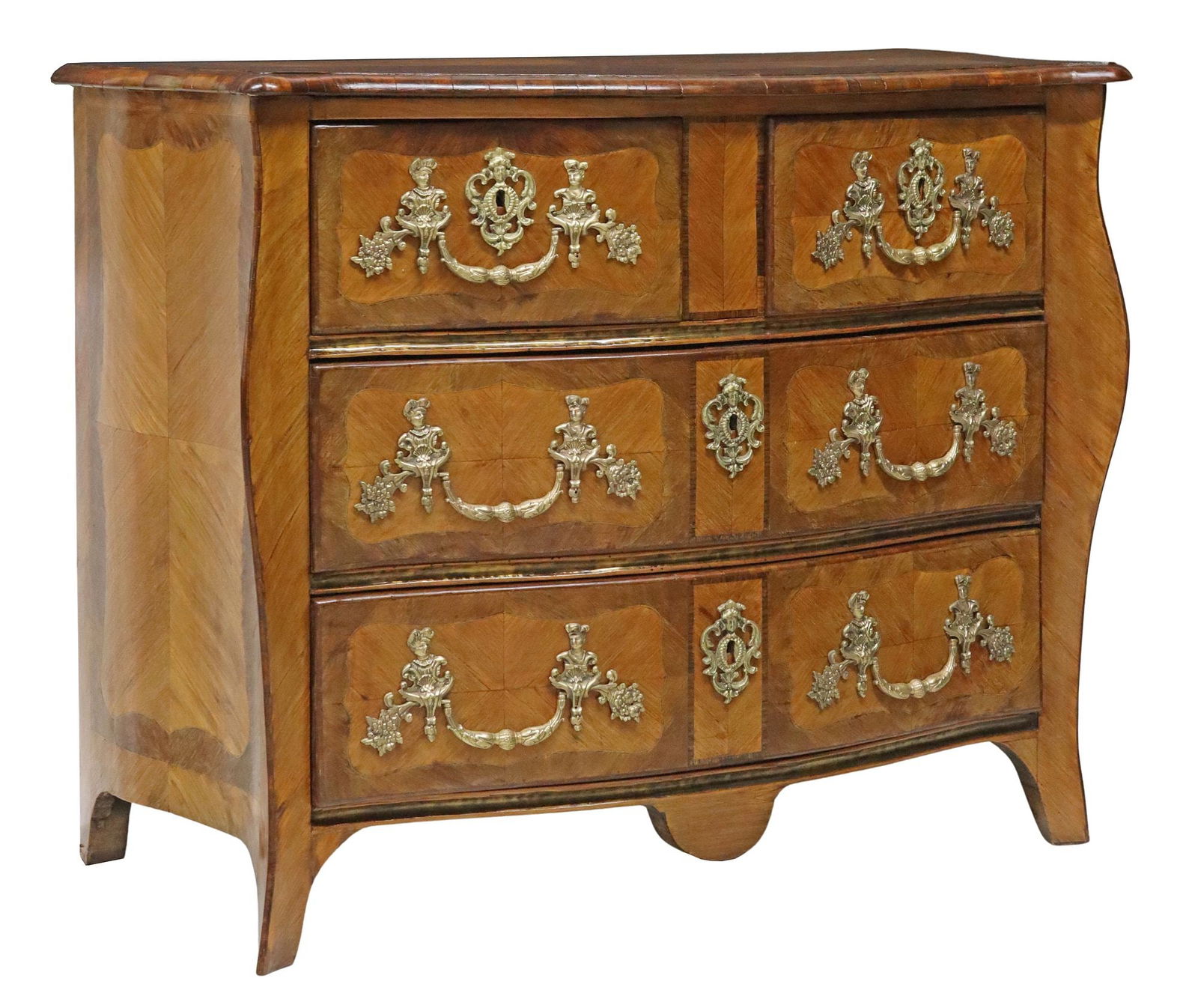 REGENCE STYLE FOUR-DRAWER COMMODE: Regence style commode, early 20th c., two short over two long drawers, on splayed bracket feet, separation and fill at right side panel, approx 35"h, 43.75"w, 21"d