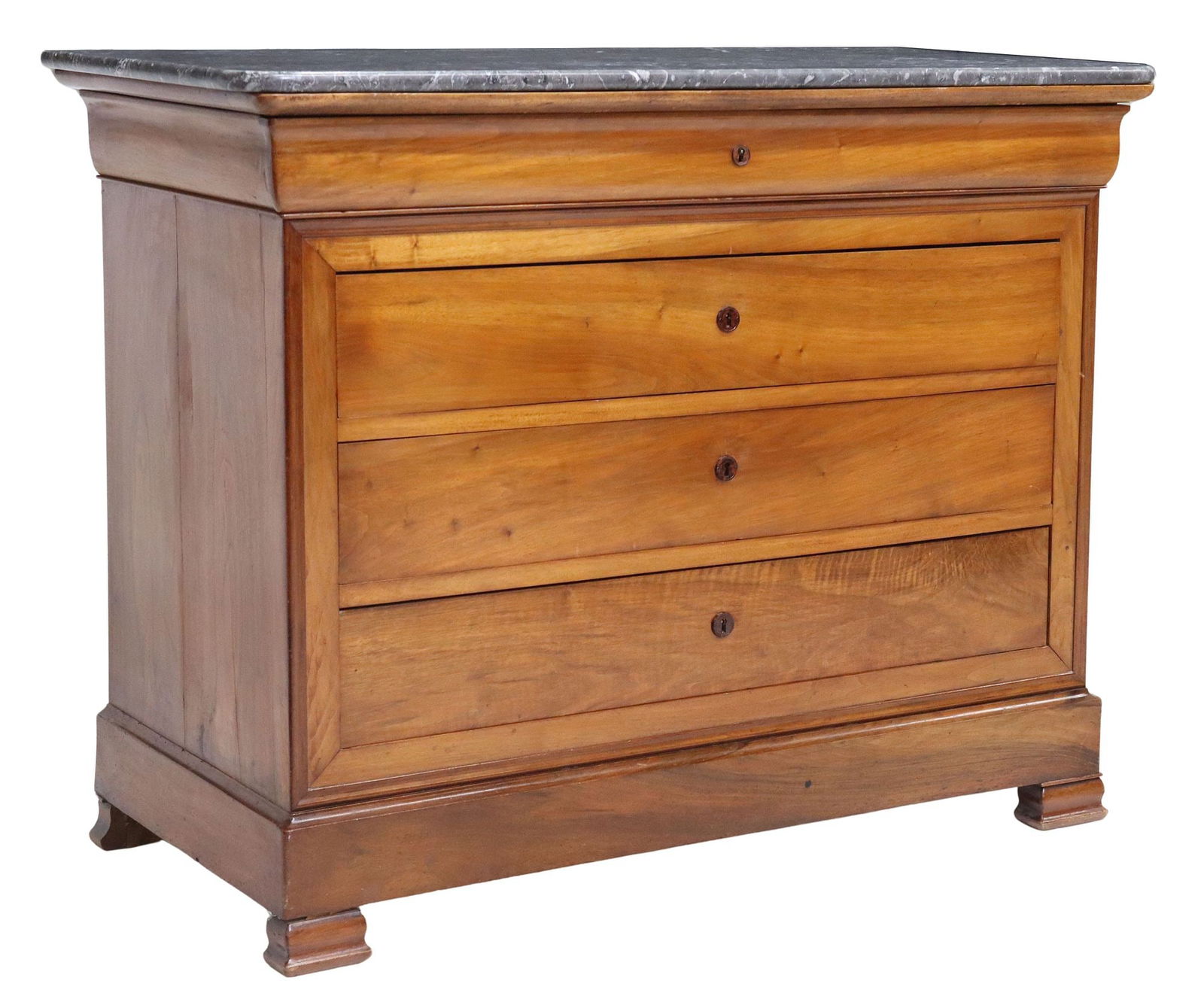 FRENCH LOUIS PHILIPPE MARBLE-TOP WALNUT COMMODE: French Louis Philippe period marble-top walnut commode, mid 19th c., ogee frieze drawer, over three additional drawers, on bracket feet, separation at side panels, approx 40.5"h, 52"w, 23&qu