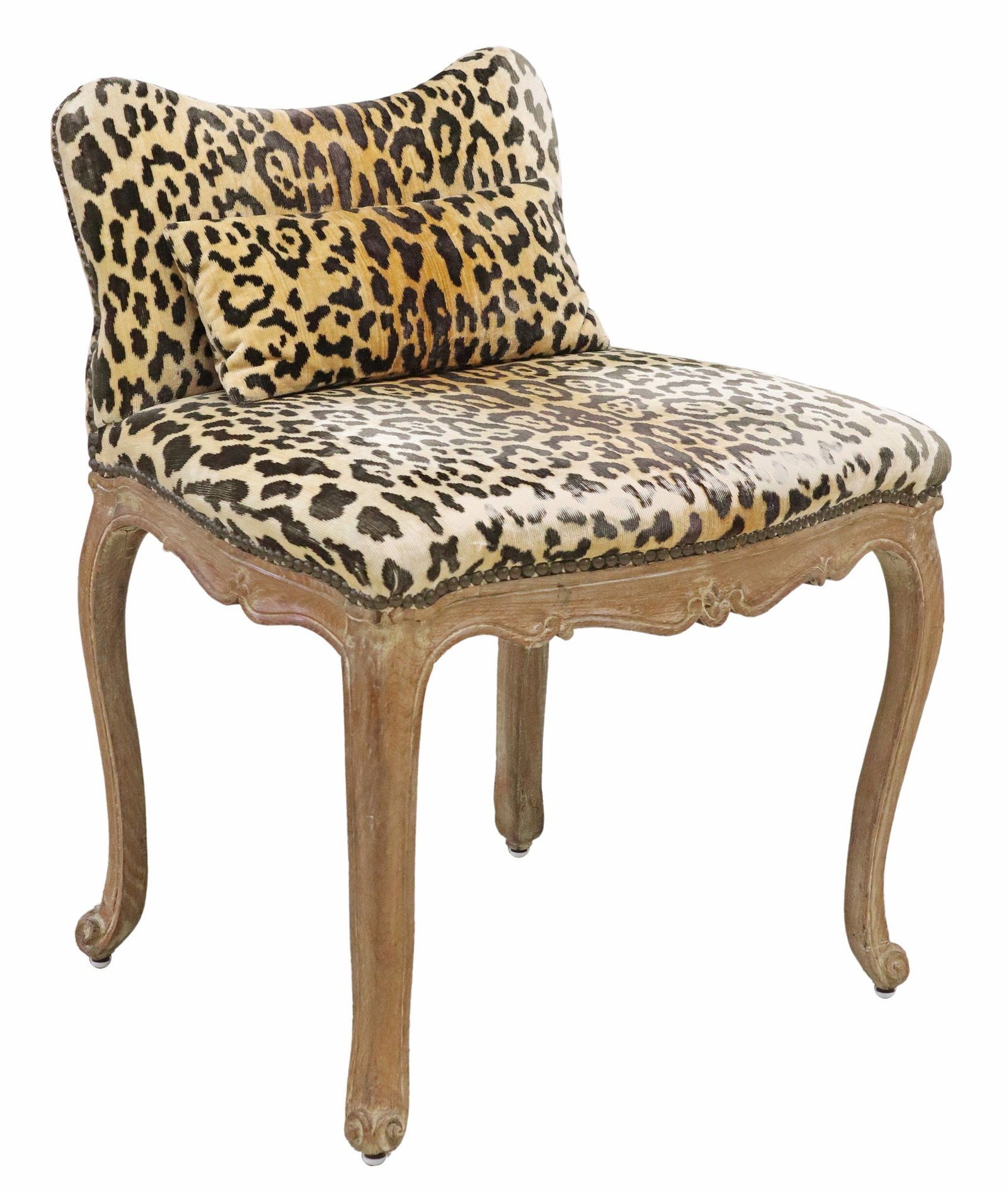 LOUIS XV STYLE LEOPARD PRINT UPHOLSTERED SLIPPER CHAIR: Louis XV style slipper chair, 20th c., in leopard print upholstery, with nailhead trim, one back pillow, rising on cabriole legs, wear to upholstery along front edge, approx 31'h, 24.5&