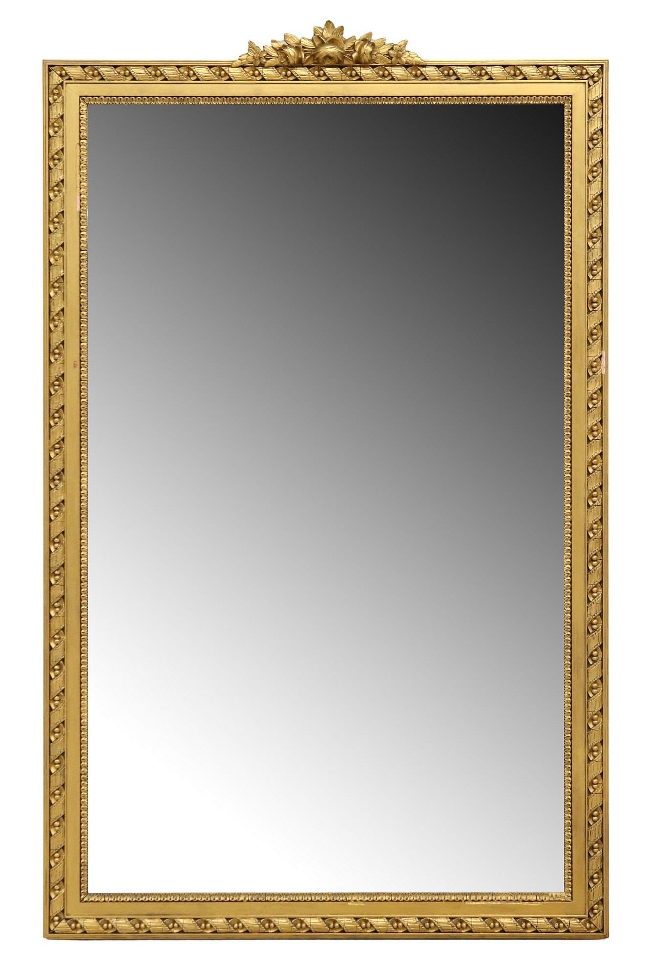 FRENCH LOUIS XVI STYLE GILT MIRROR, 67.5" X 41.5": French Louis XVI style gilt painted wall mirror, early 20th c., having floral crest, over rectangular frame with ribbon twist molding and beaded trim, encasing later beveled mirror plate, approx 67.5&