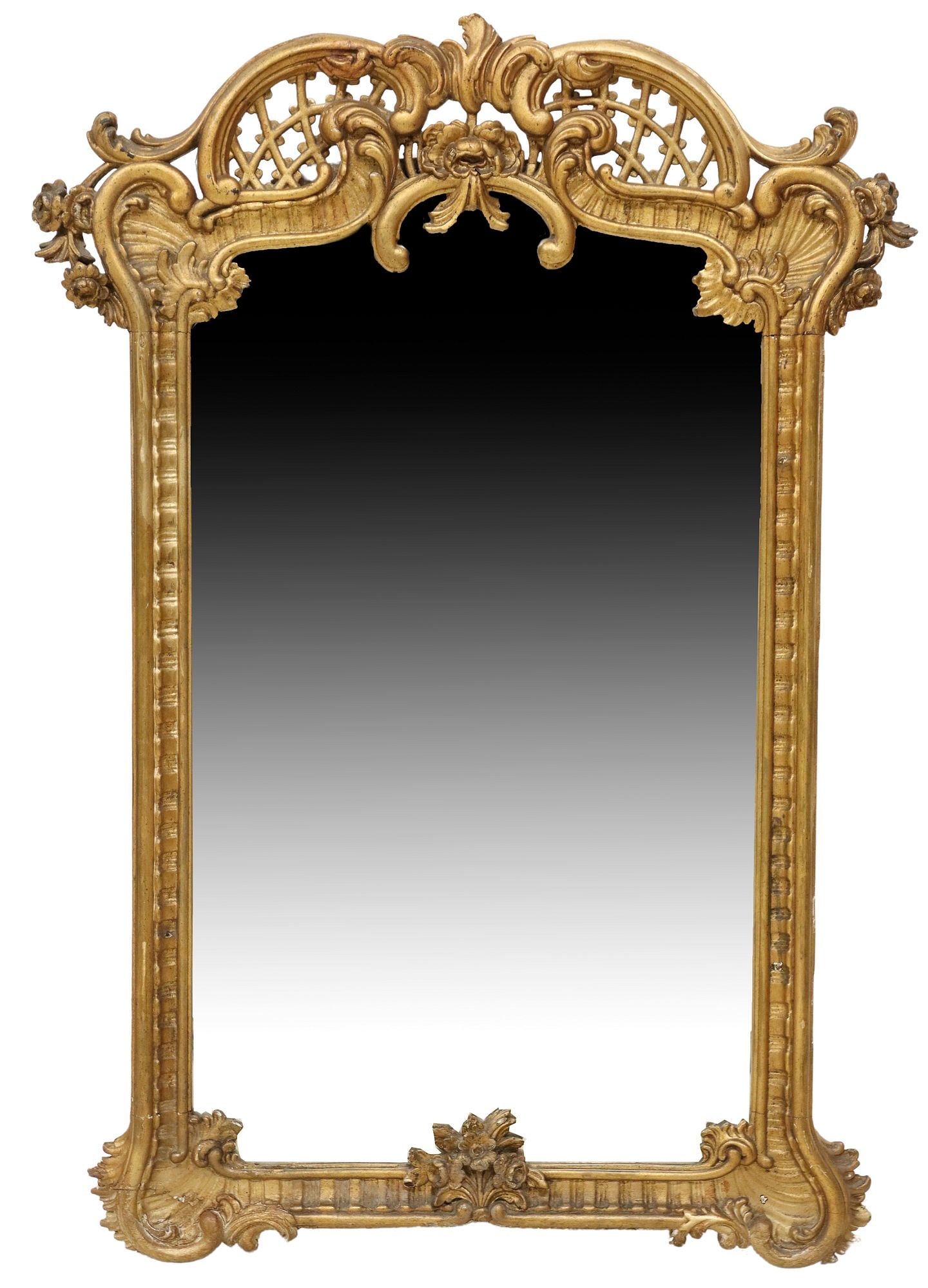 FRENCH LOUIS XVI STYLE GILT PAINTED MIRROR: French Louis XVI style gilt painted wall mirror, late 19th c., having pierced crest with scrolled foliates and floral motifs, over molded frame, encasing flat mirror plate, approx 38"h, 27"w