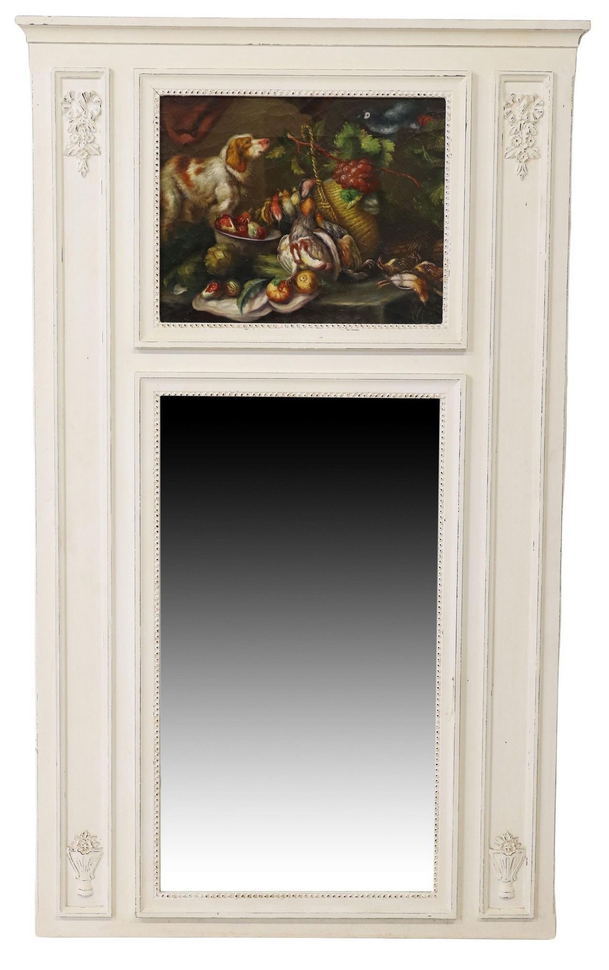TRUMEAU MIRROR WITH STILL LIFE PAINTING: Painted trumeau mirror, late 20th c., white-painted frame, oil on board still life painting, flat mirror plate, approx 61"h, 37"w, 51lbs Start Price: $200.00