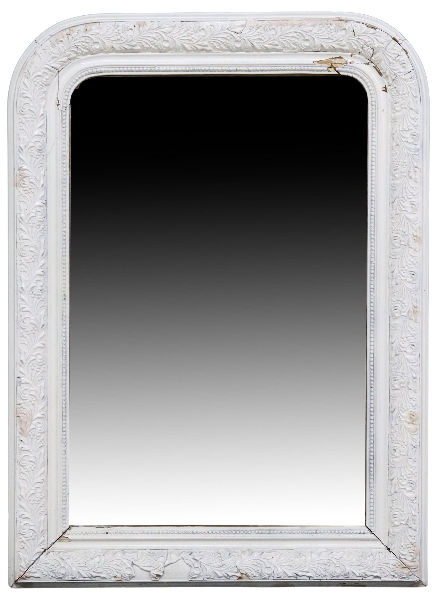 FRENCH LOUIS PHILIPPE PERIOD PAINTED WALL MIRROR: French Louis Philippe painted mirror, mid-19thc., having molded frame with scrolled foliate accents, encasing flat shaped mirror plate, some wood and paint loss, approx 35.5"h, 26 1/8&q