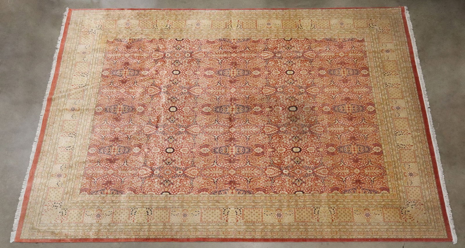 HAND-TIED ESTATE RUG, 14'11" X 12'3": Hand-tied estate rug, several small areas of pile loss resulting in exposed warp, approx 14'11"l, 12'3"w **Please Note: All of the rugs offered in this auction would likely bene