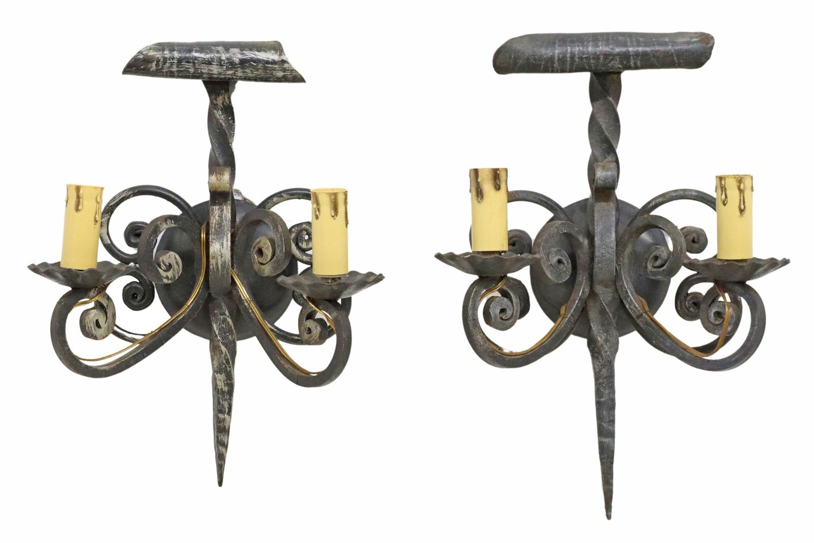 (2) CONTINENTAL WROUGHT IRON TWO-LIGHT SCONCES: (pair) Continental wrought iron two-light sconces, 20th c., in need of wiring, slightly varied in size, largest: approx 14"h, 10"w, 5.75"d, 8.5lbs total