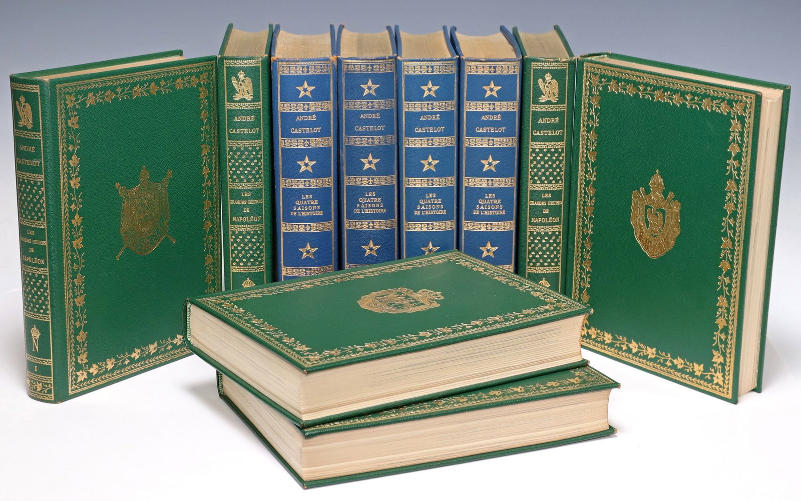 (10) FRENCH LEATHER LIBRARY SHELF BOOKS BY ANDRE CASTELOT: (lot of 10) Books: French history subjects, each by Andre Castelot, having grained leather binding, with gilt-embossed cover and spine, gilt top end pages, published by Librairie Academique Perrin, Pa