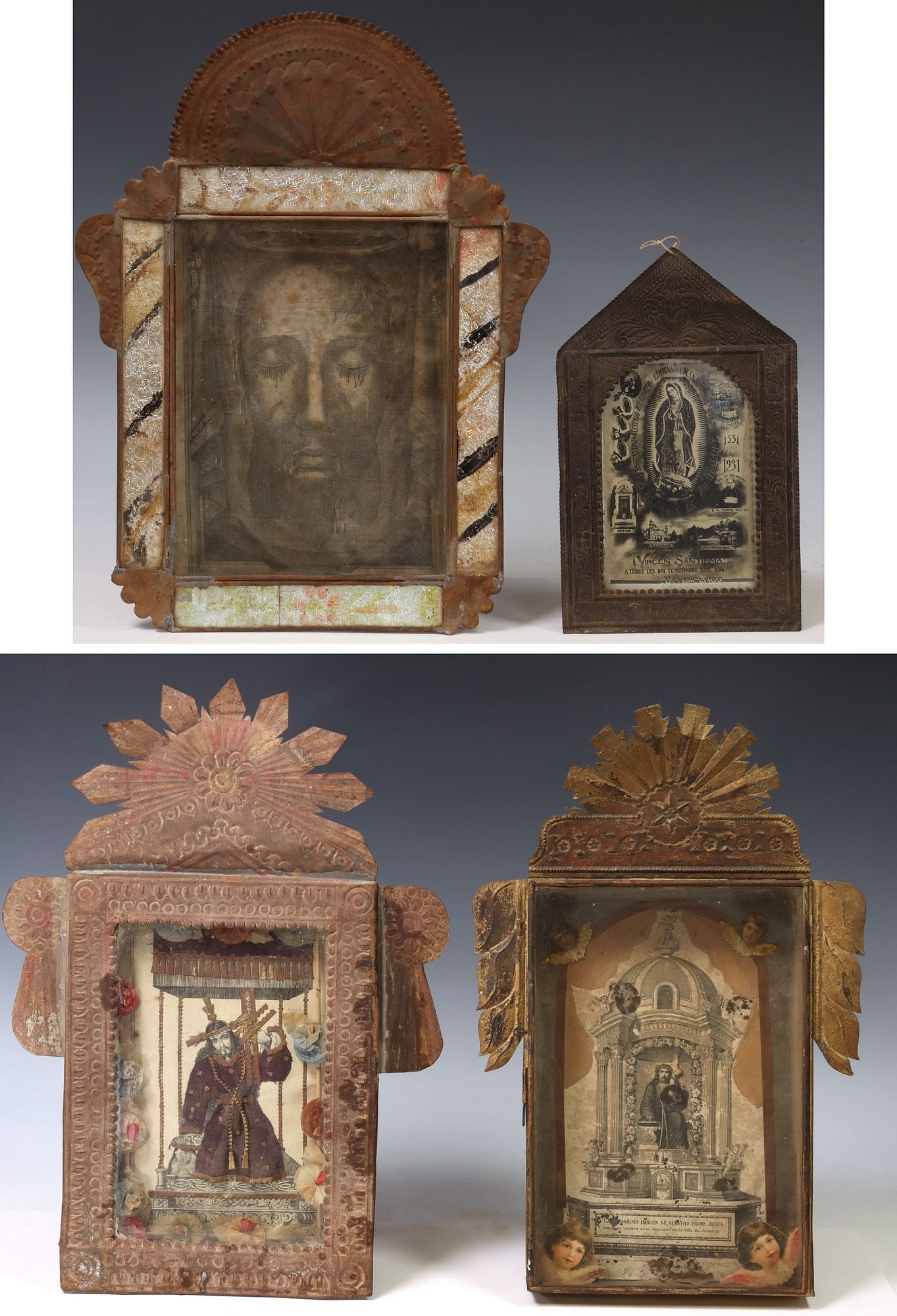 (4) FRAMED RELIGIOUS RETABLO PRINTS, MEXICO: (lot of 4) Framed retablo prints, Mexico, each housed in an embossed metal nicho/ frame, one with framed glass borders, including: (1) Nuestro Padre Jesus de Jalacingo, with paper angel accents; 
