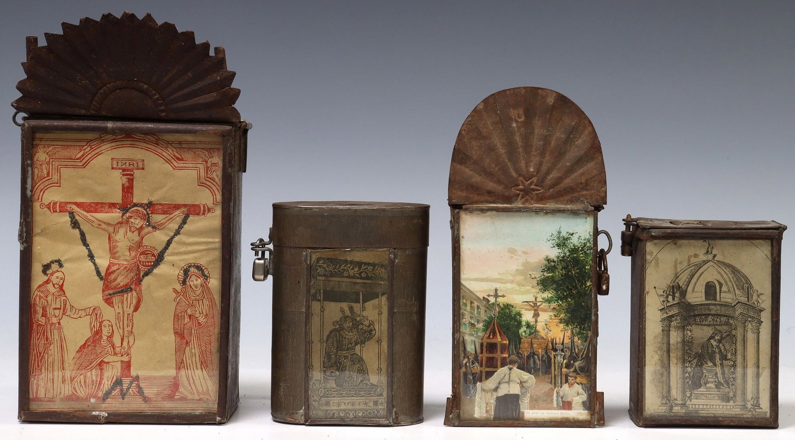(4) FRAMED TIN ALMS BOXES WITH RELIGIOUS FIGURES, MEXICO: (lot of 4) Framed alms boxes with religious prints, Mexico, each having slot to top and handles to back, including: (1) Image of celebrating Holy Week; (2) Jesus Christ carrying the cross; (